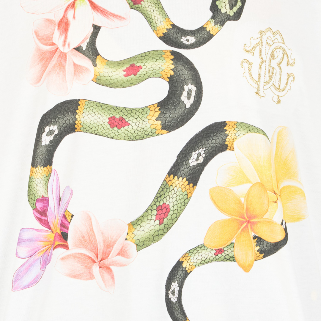 Roberto Cavalli Snake And Flower Print T-shirt In White