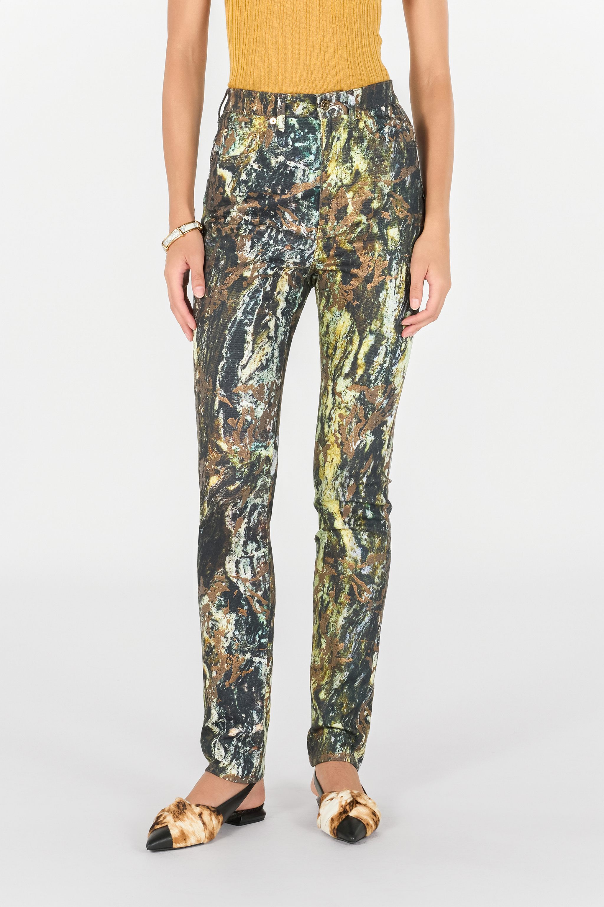Roberto Cavalli Skinny Trousers With Marble Print In Dark Green