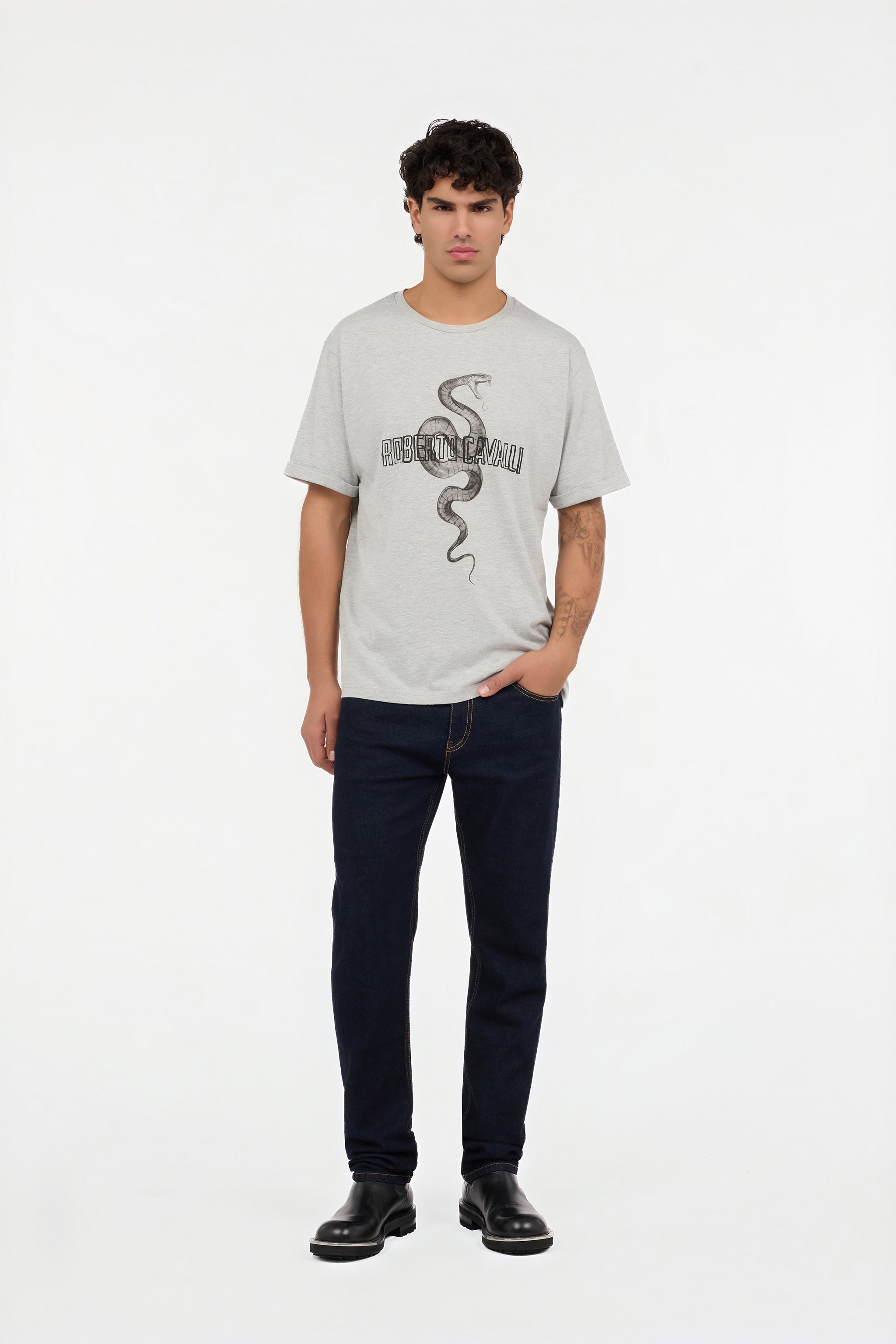 Grey Mélange T-Shirt with Snake and Logo