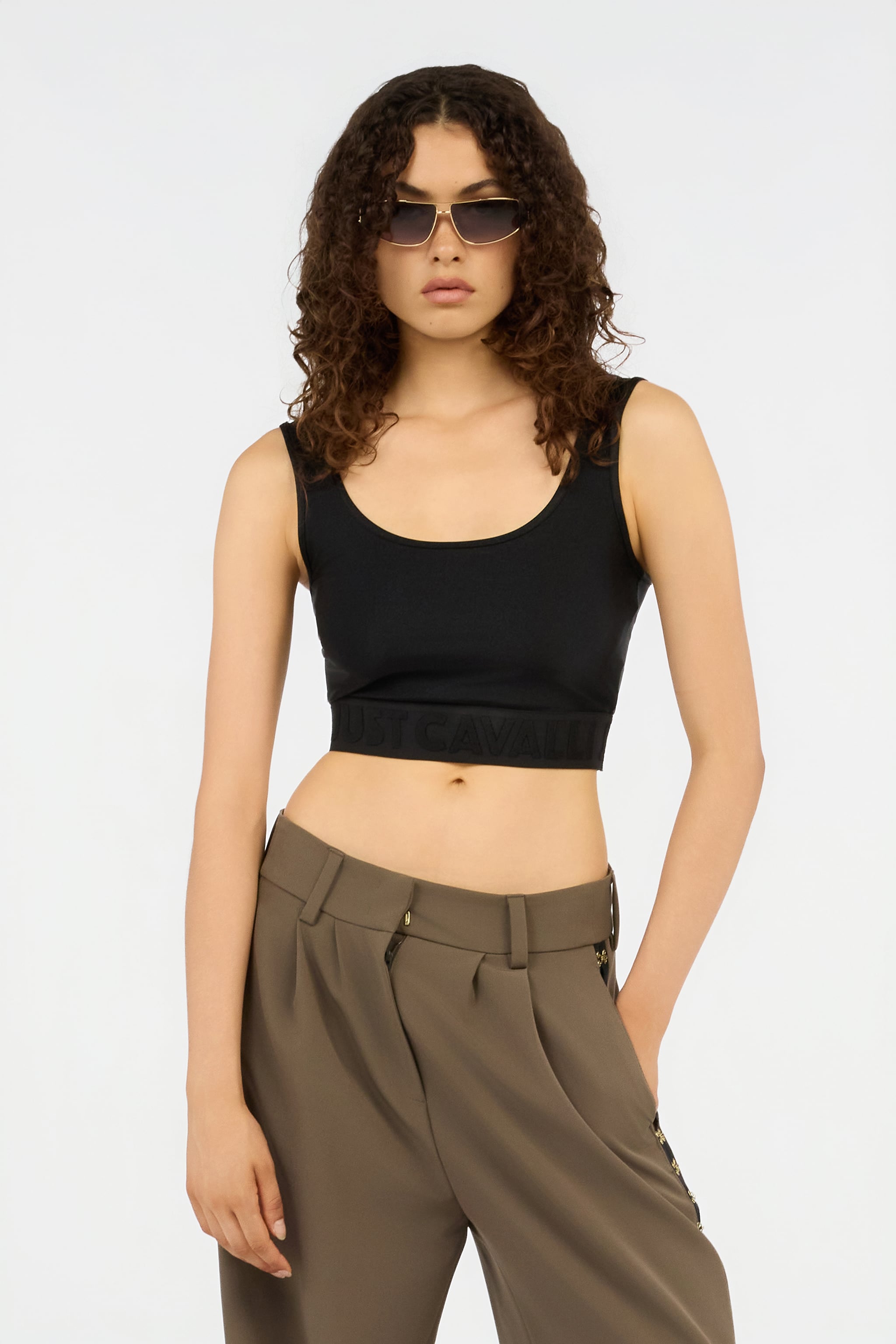 roberto cavalli 黒 レース 40 イタリア製 Black Crop Top with Logo Band in BLACK for Women | Roberto Cavalli®