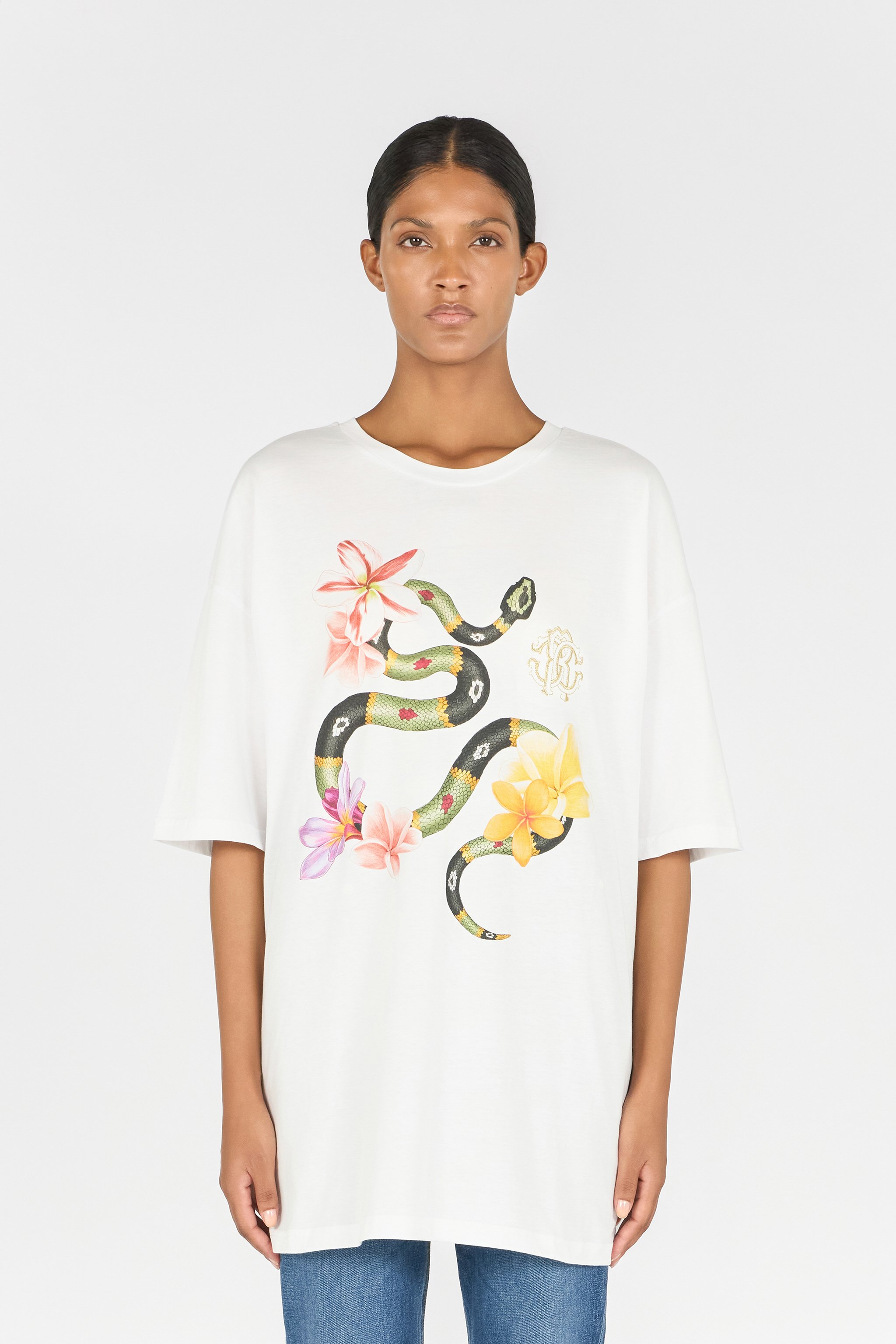 Roberto Cavalli Snake And Flower Print T-shirt In White