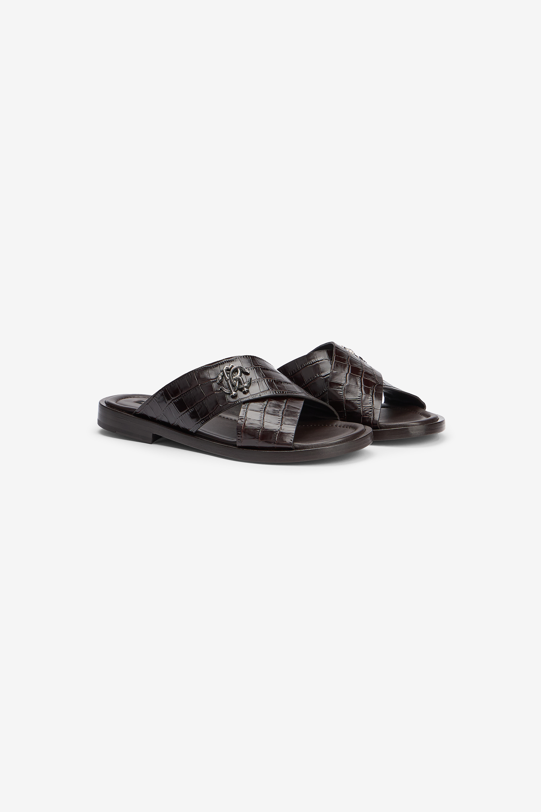 Roberto Cavalli Men's Dark/Brown Crocodile-Effect Leather Slide Sandals - Shoes