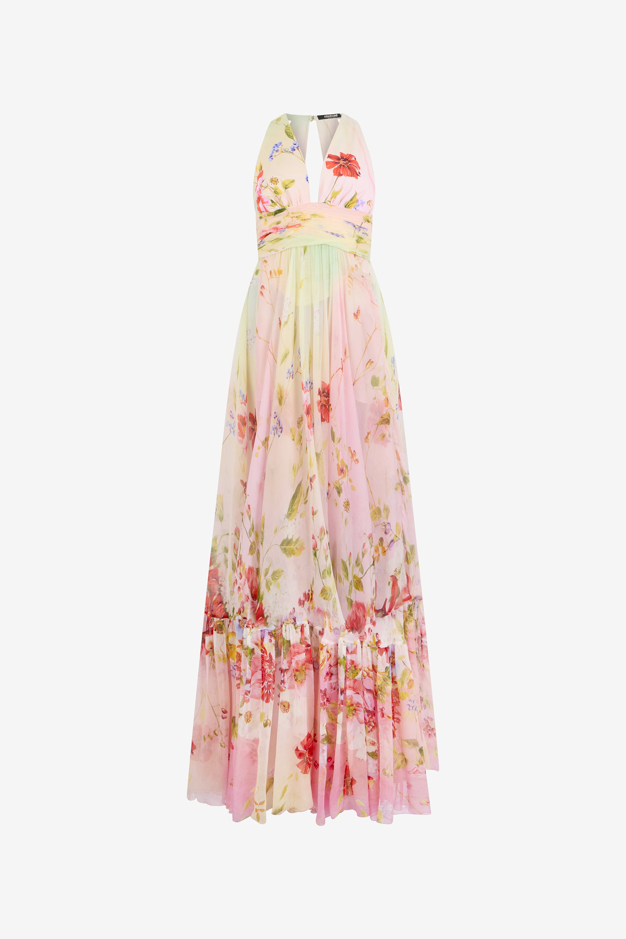 Roberto Cavalli Long Chiffon Dress with Miami Flowers Print