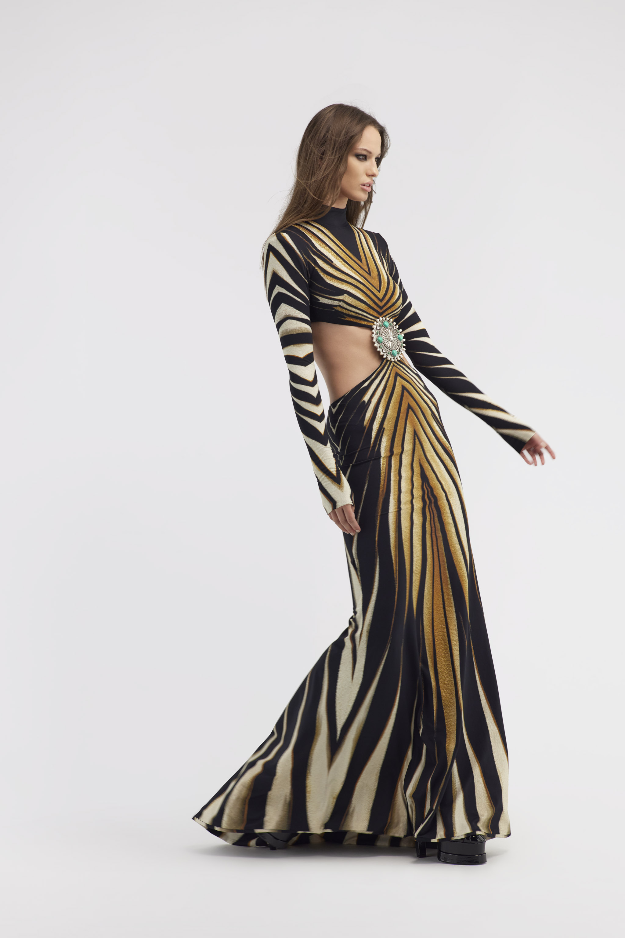 Roberto Cavalli Cut-out Knit Dress With Ray Of Gold Print In Gold