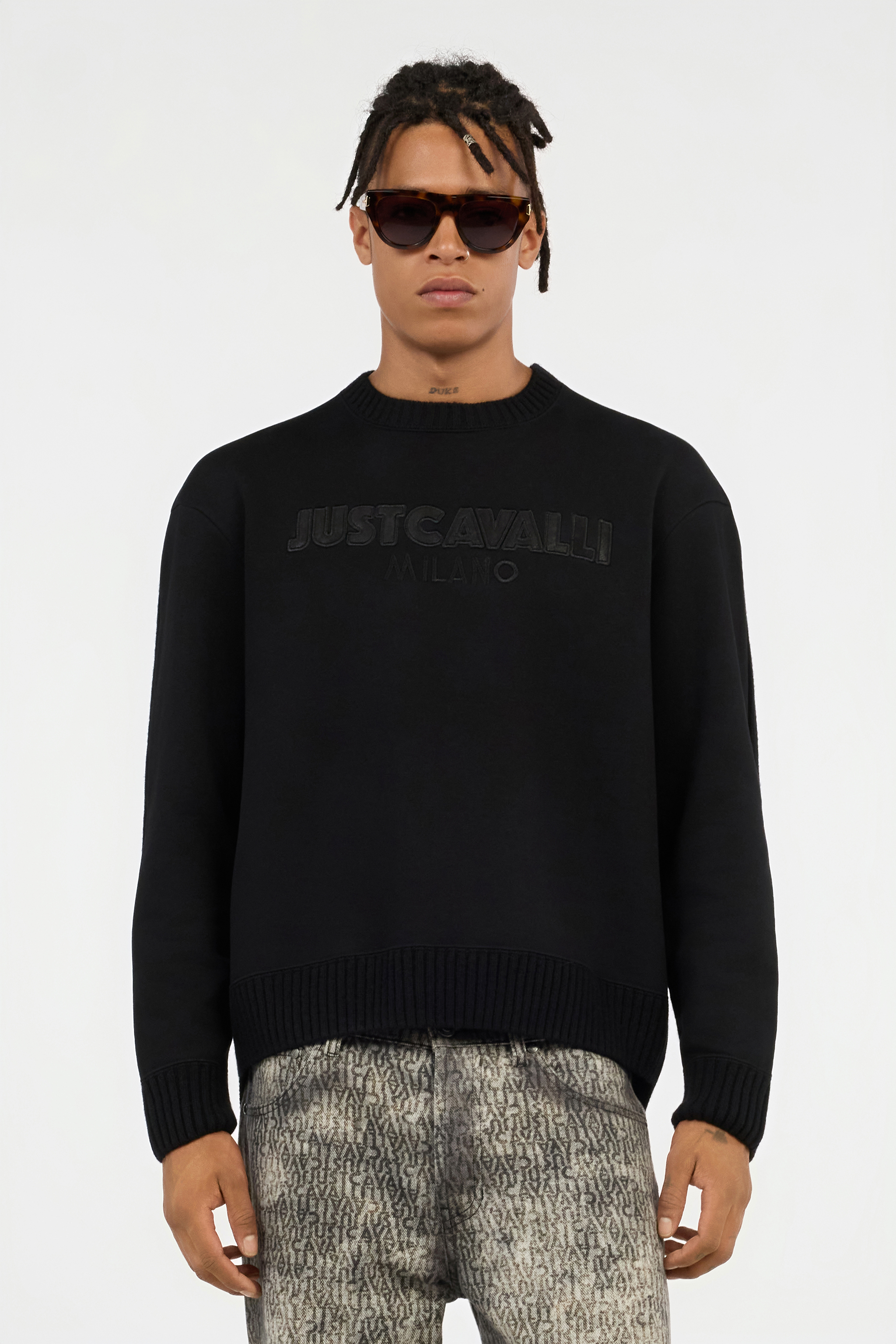 Roberto Cavalli Black Sweater With Embossed Logo In Black