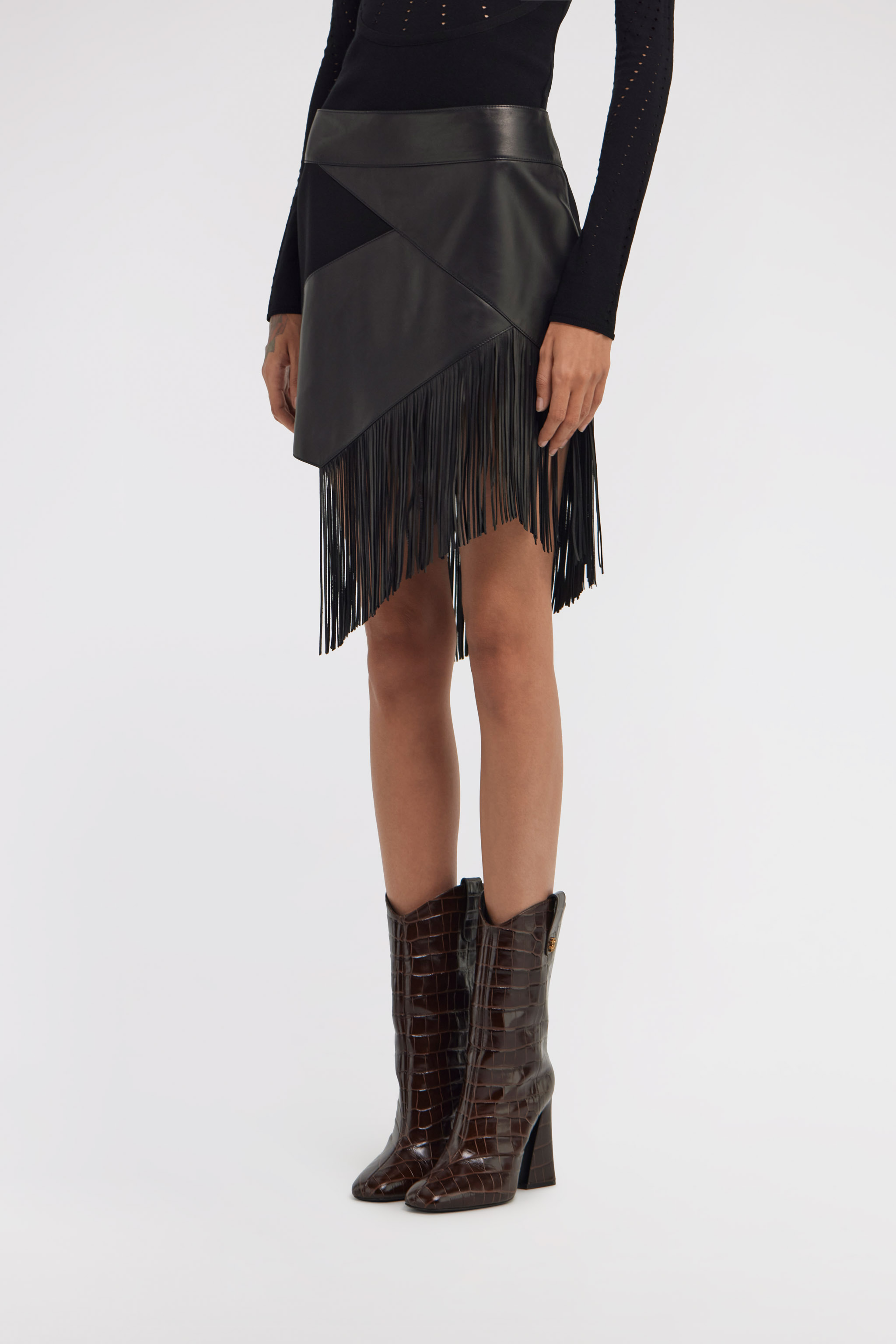 Roberto Cavalli Asymmetric Fringed Leather Panel Skirt In Black