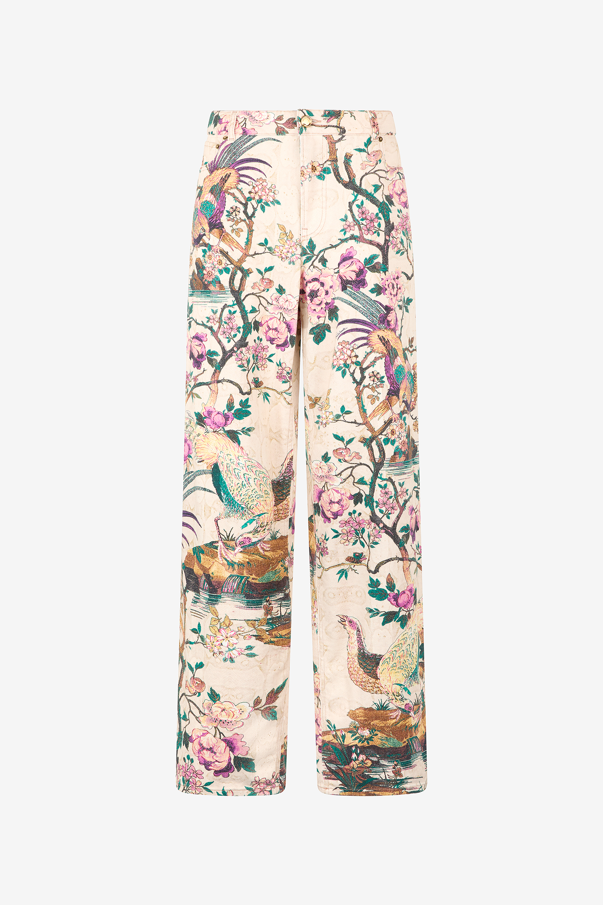 Roberto Cavalli Jeans With Oriental Bird Print In Neutral