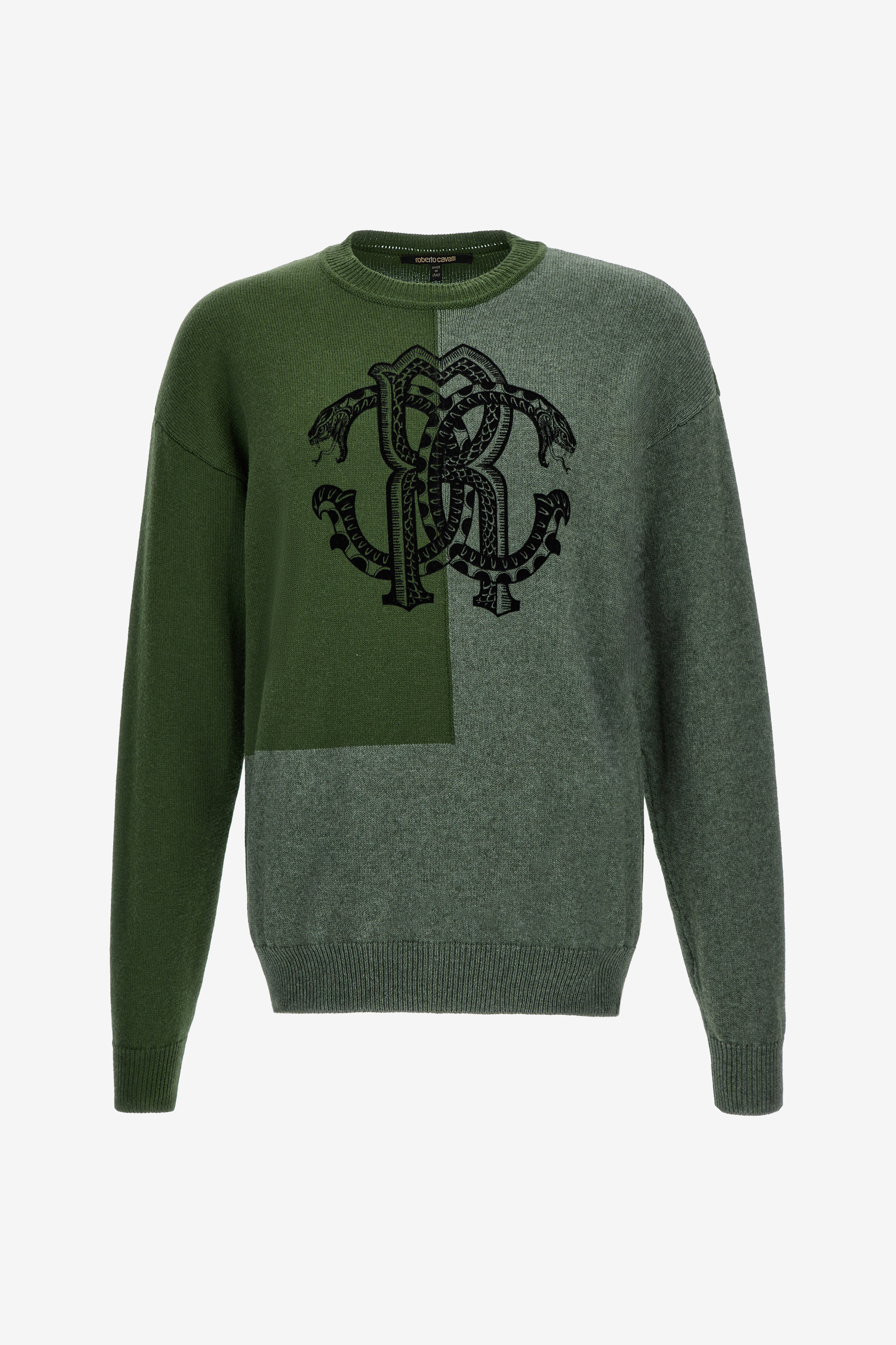 Roberto Cavalli Men's Green/Dark Two-Tone Sweater With Monogram Rc - Knitwear