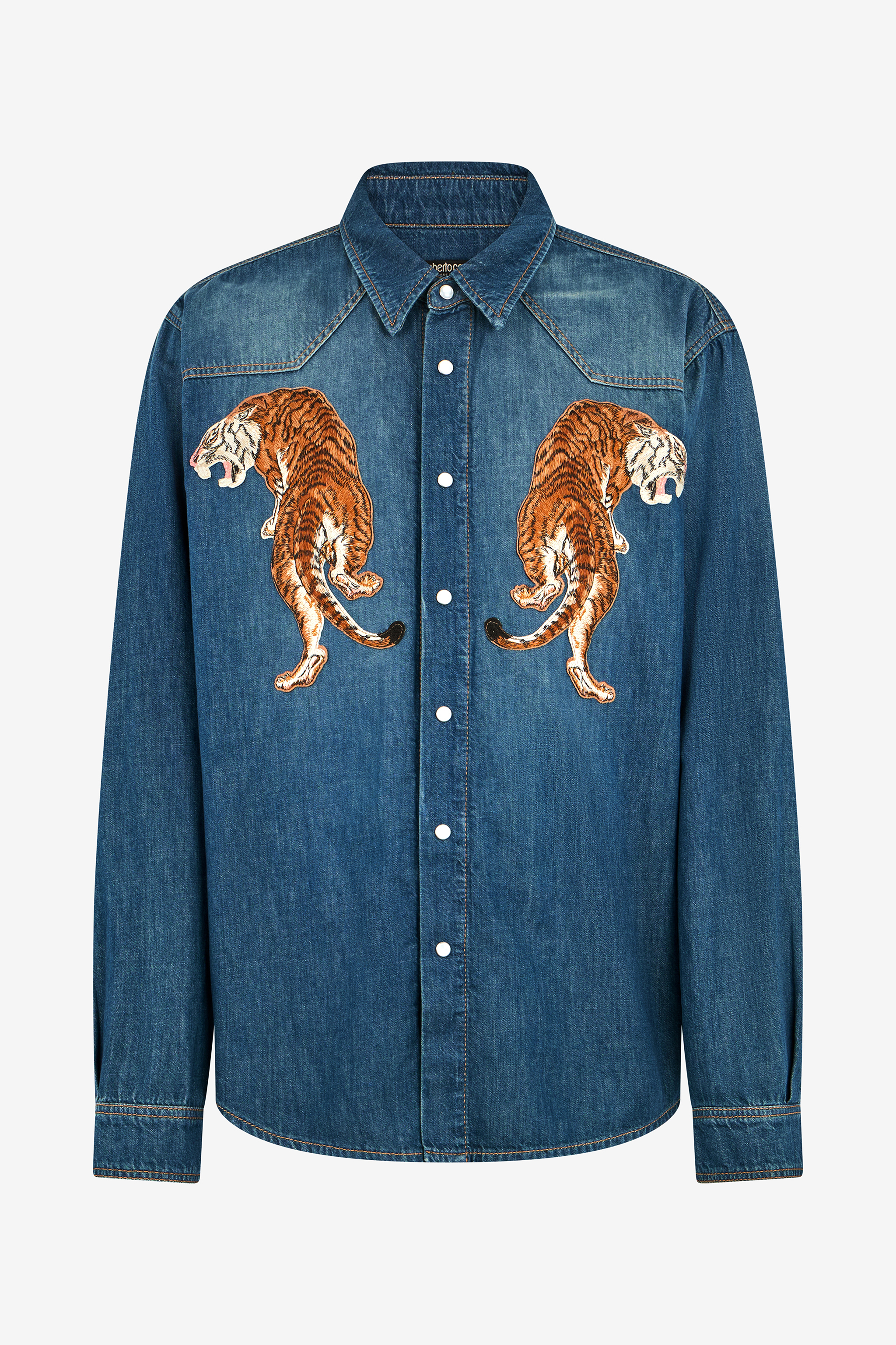 Roberto Cavalli Denim Shirt with Tiger Embroidery