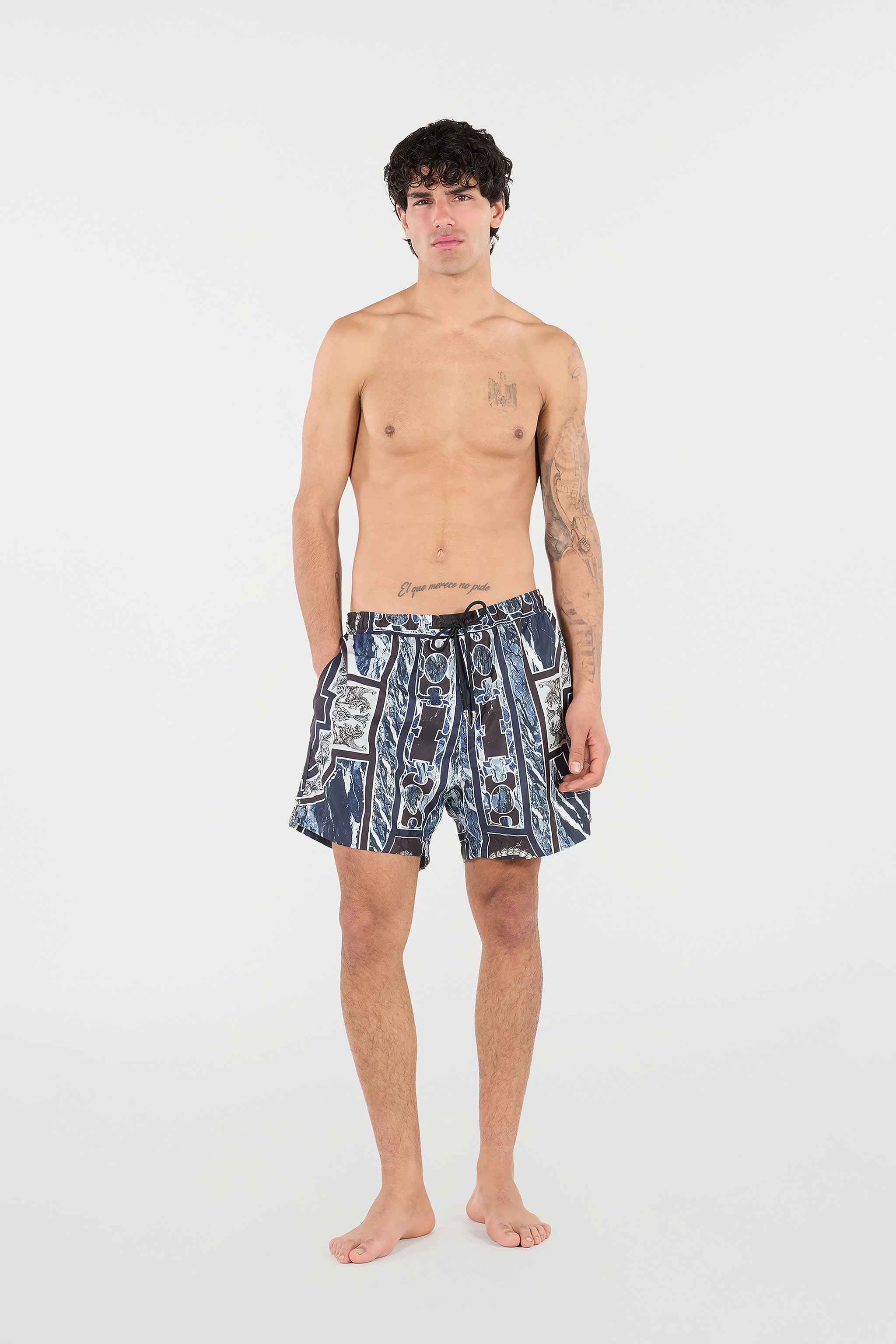 Roberto Cavalli Swim Shorts With Fang And Marble Print In Blue
