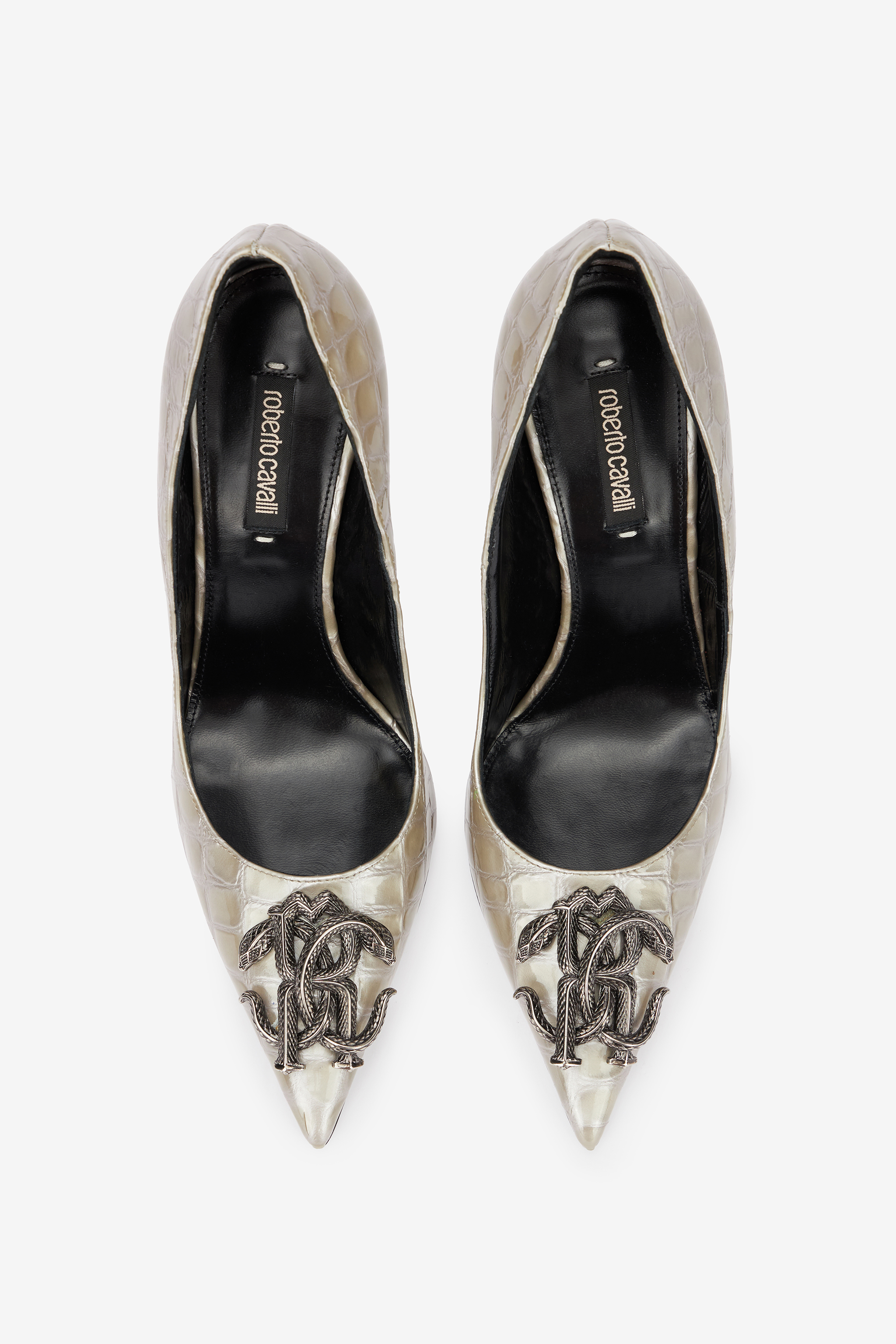 Roberto Cavalli Pumps With Mirror Snake Monogram In Silver