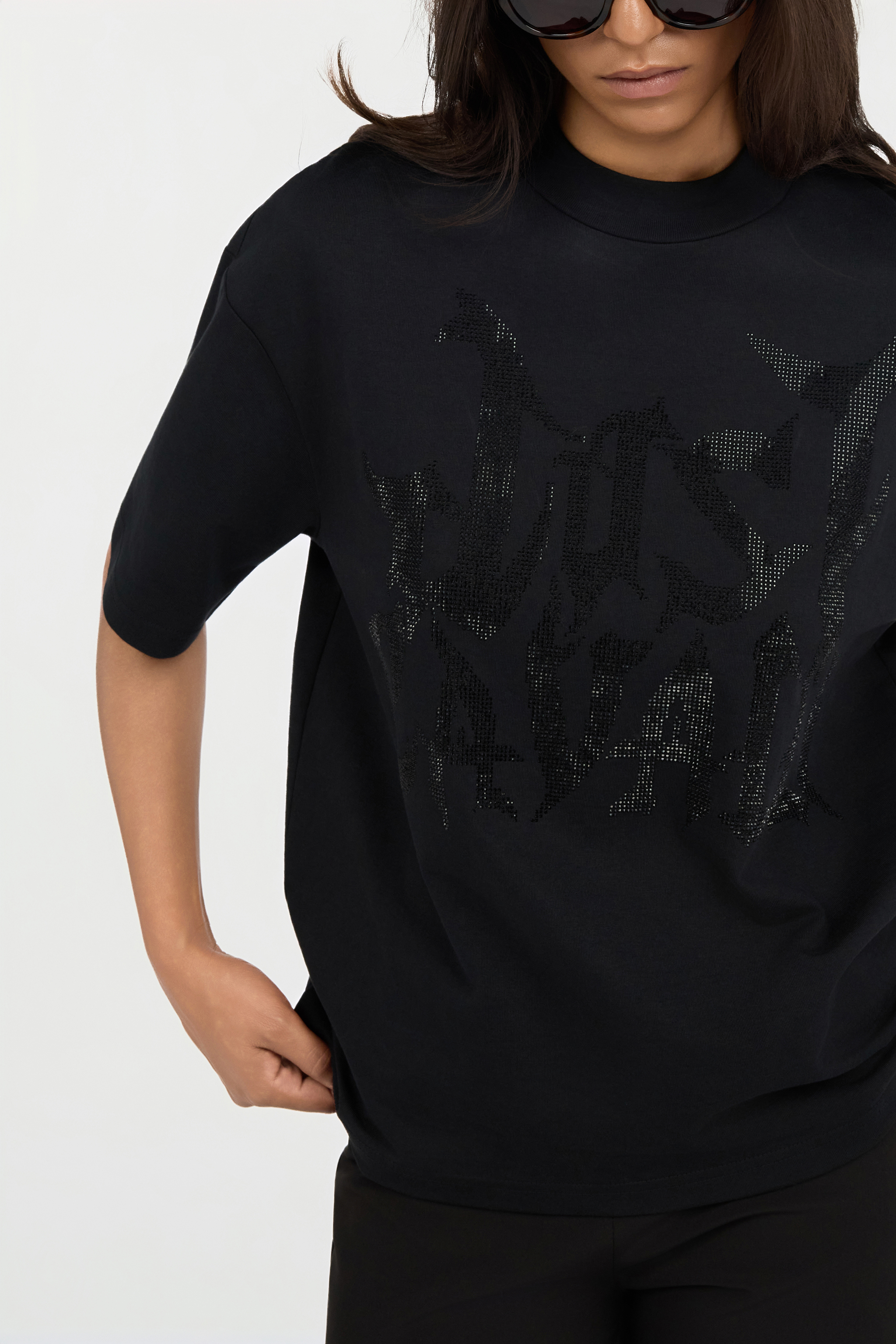 Roberto Cavalli Just Cavalli Black T-shirt With Rhinestone Logo In Black