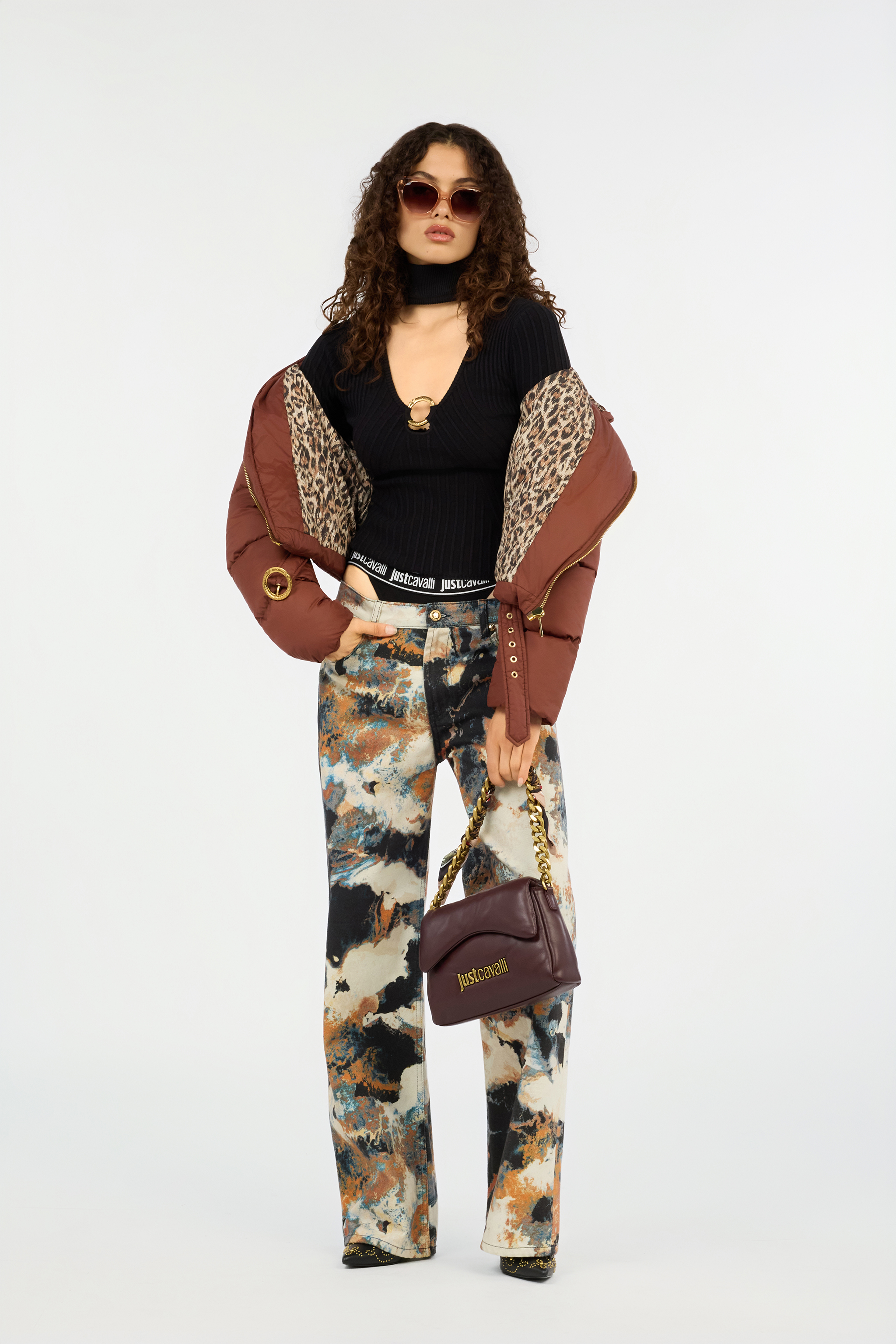 Roberto Cavalli Brown Puffer Coat With Belt In Brown