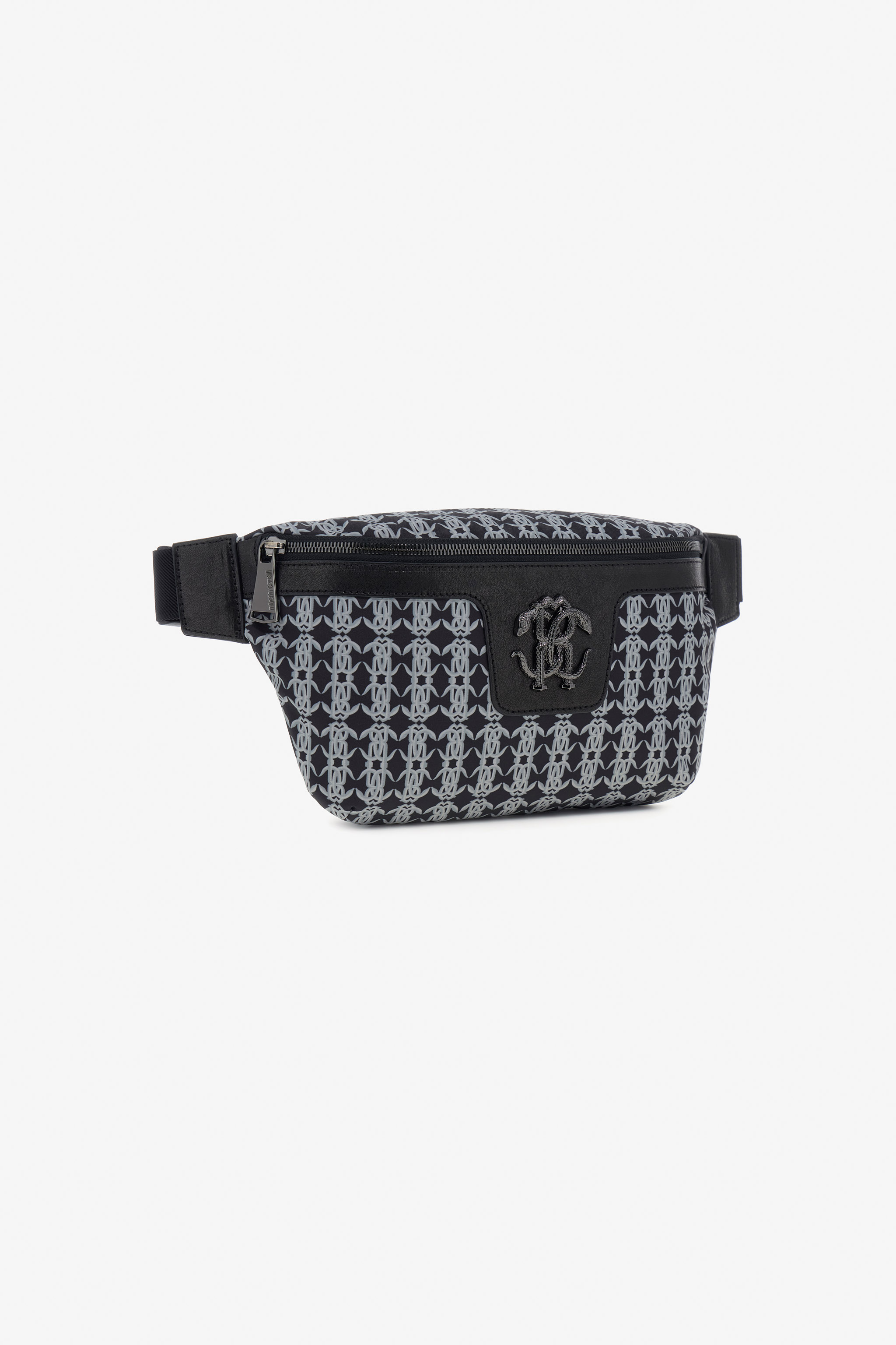 Roberto Cavalli Fanny Pack With Monogram Mirror Snake In Black/grey