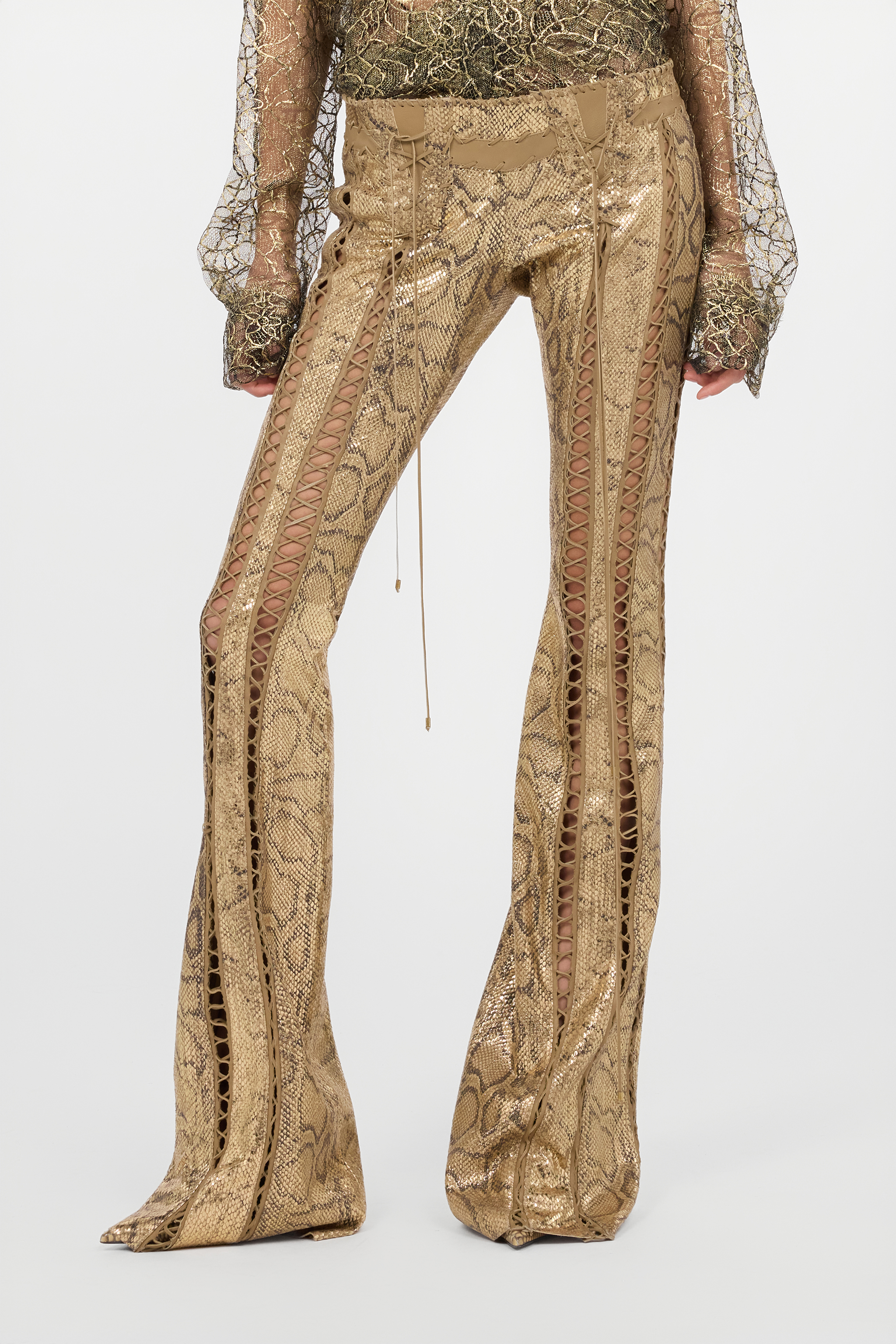  Roberto Cavalli Gold Leather Pants With Python Print And Cut-out Details - Female Trousers & Shorts Gold 38 