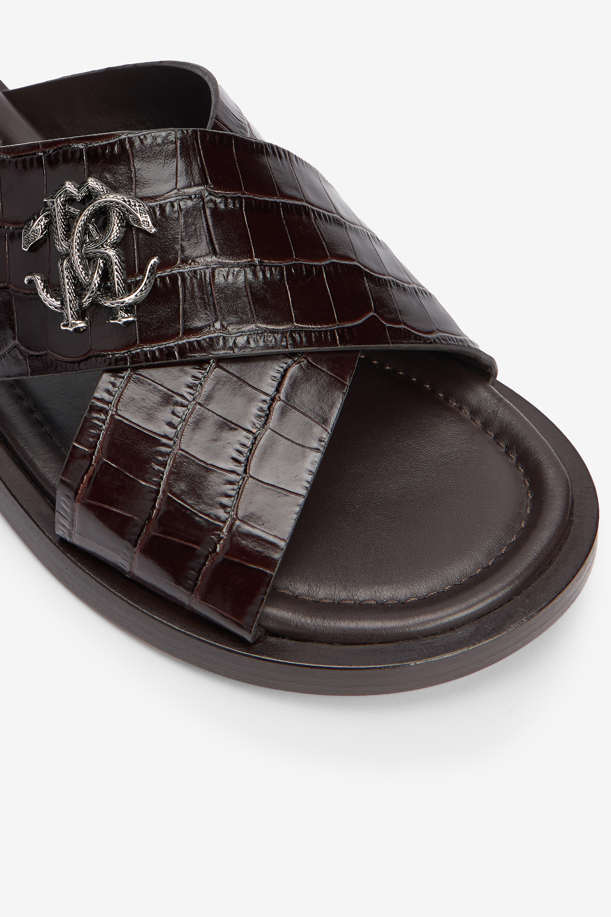 Dark Brown Crocodile-Effect Leather Slide Sandals