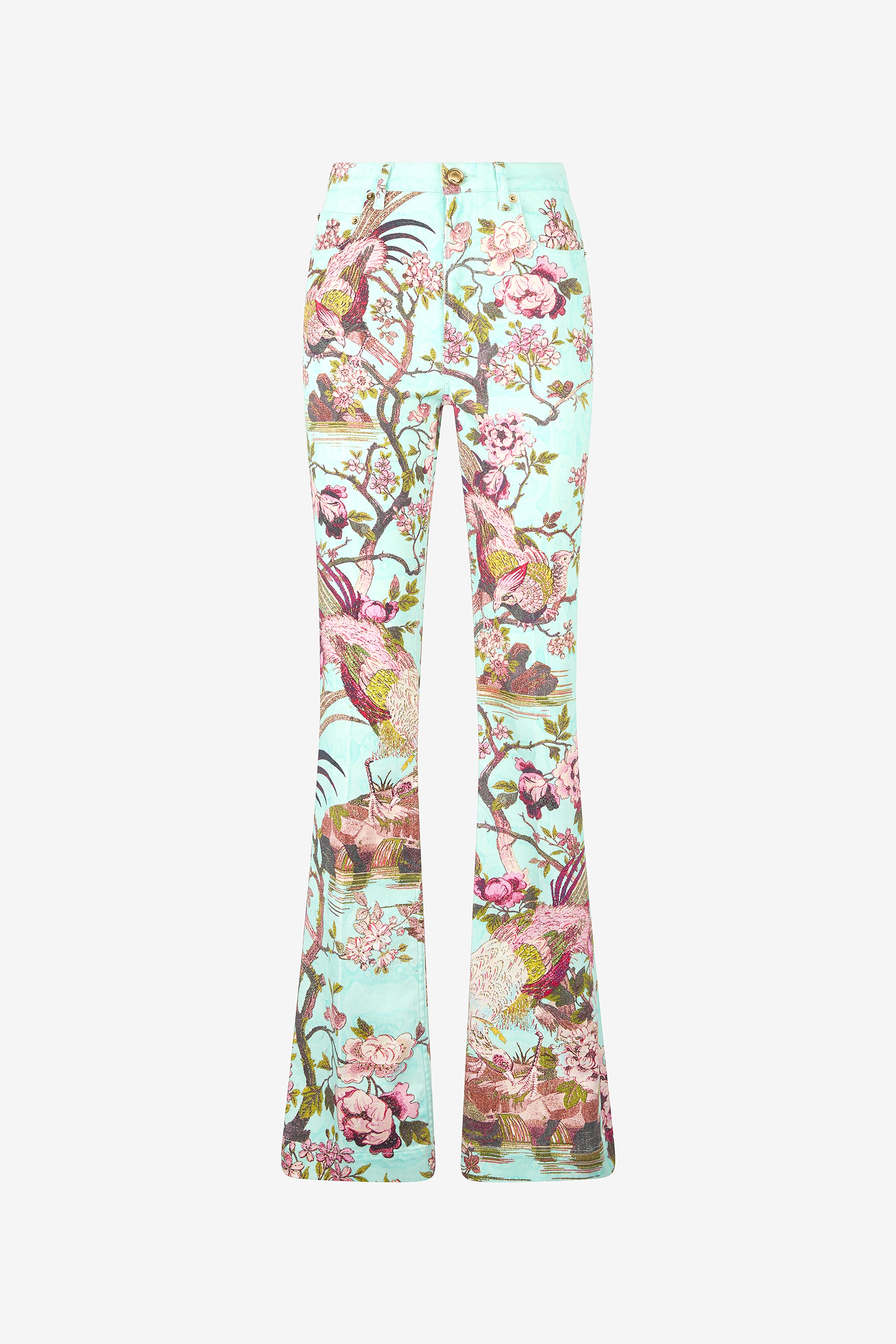 Roberto Cavalli Bird-print Flared Stretch Cotton Trousers In Multi