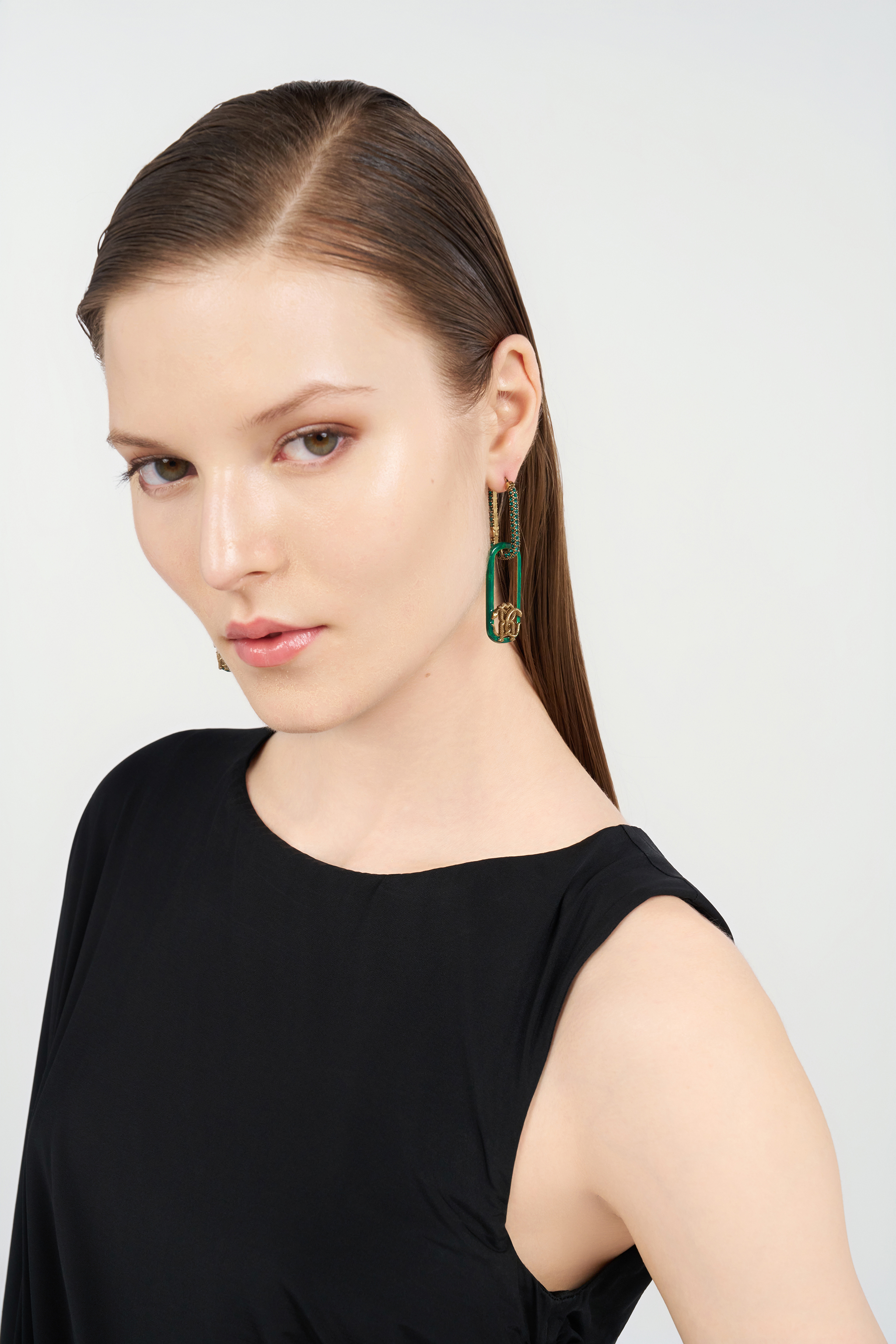 Roberto Cavalli Green Link Earrings With Crystal And Snake Monogram Rc