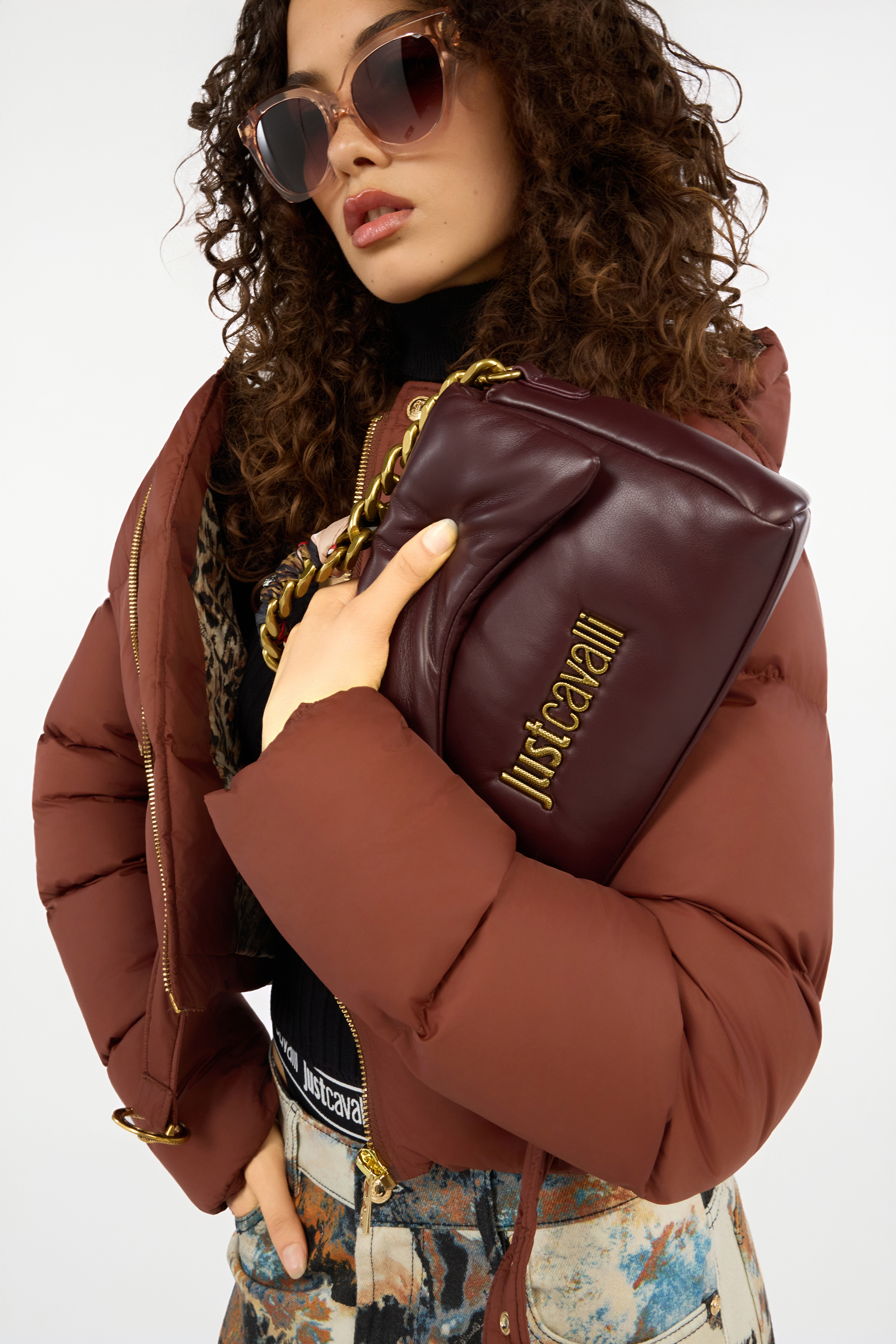 Just Cavalli Burgundy Shoulder Bag With Chain And Scarf