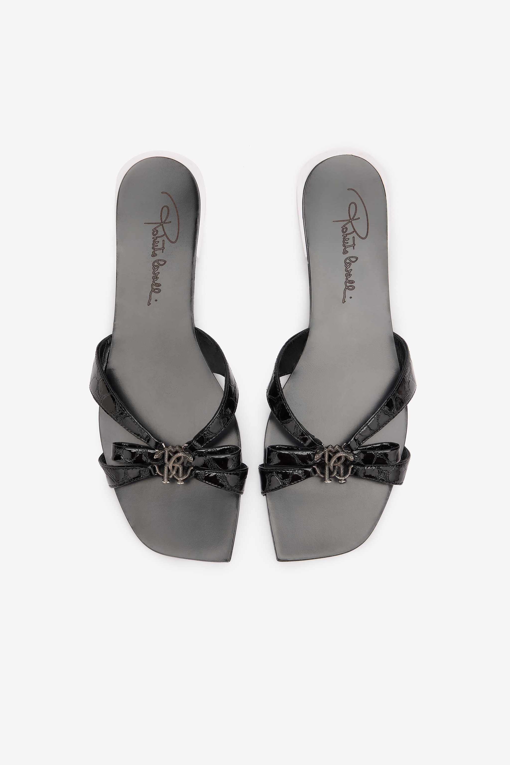ROBERTO CAVALLI FLACHE SANDALEN MIT MONOGRAMM MIRROR SNAKE