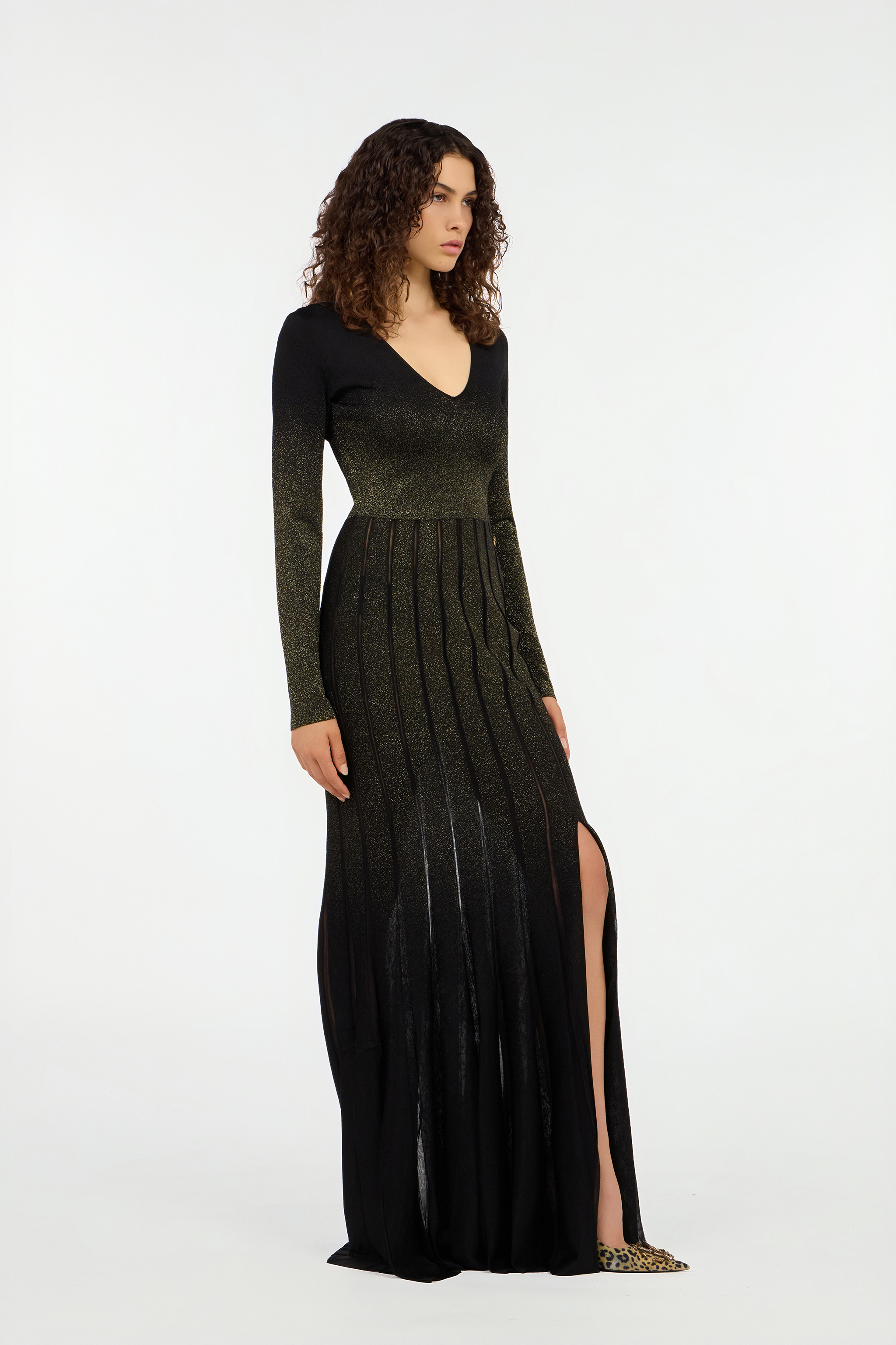 Roberto Cavalli Long Dress In Black And Gold With Pleated Skirt In Brown