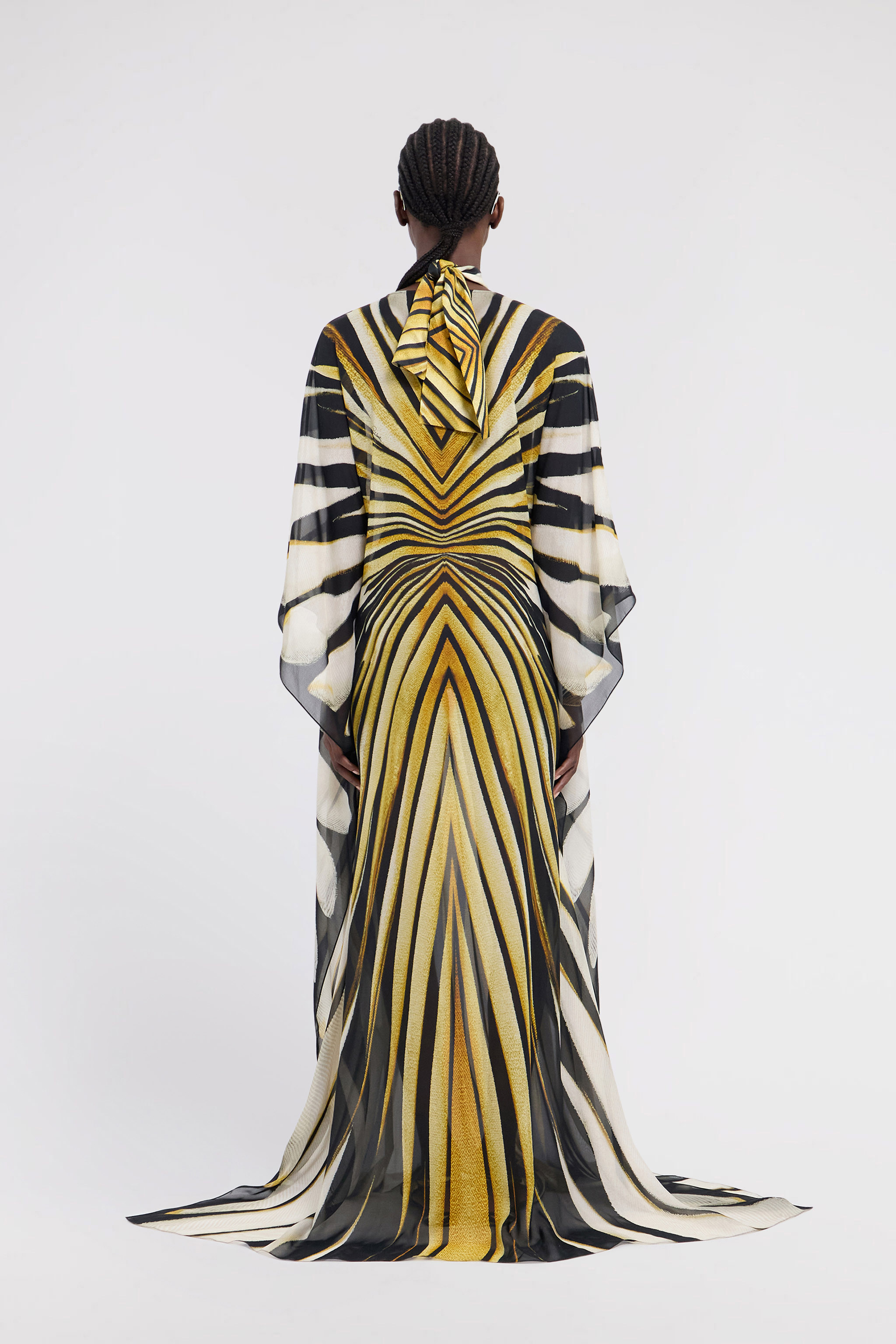 Roberto Cavalli Ray Of Gold Print Chiffon Long Caftan In Gold