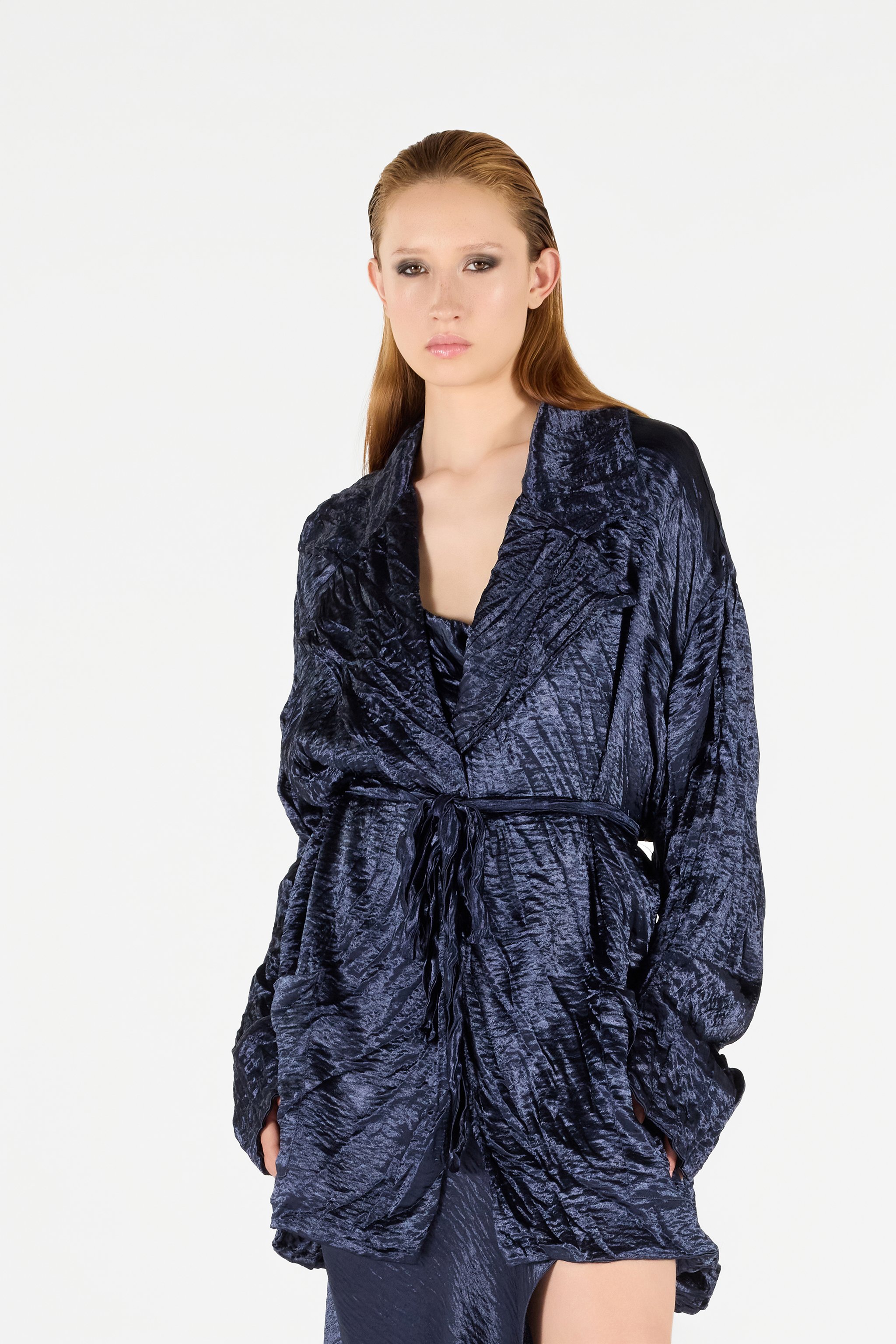 Roberto Cavalli Crinkle Effect Belted Jacket In Dark Blue