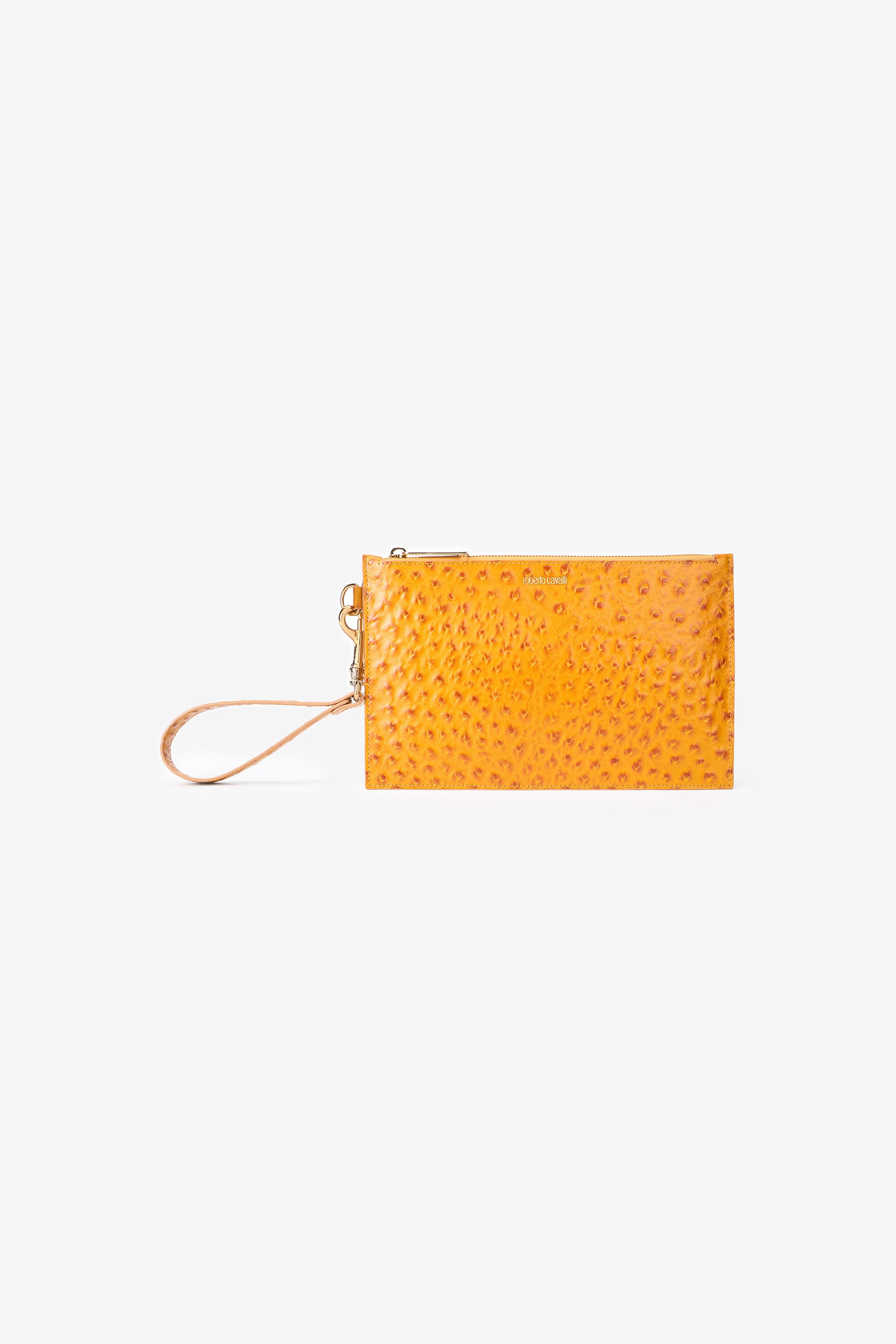 Roberto Cavalli Ochre Clutch In Ostrich-effect Leather In Brown