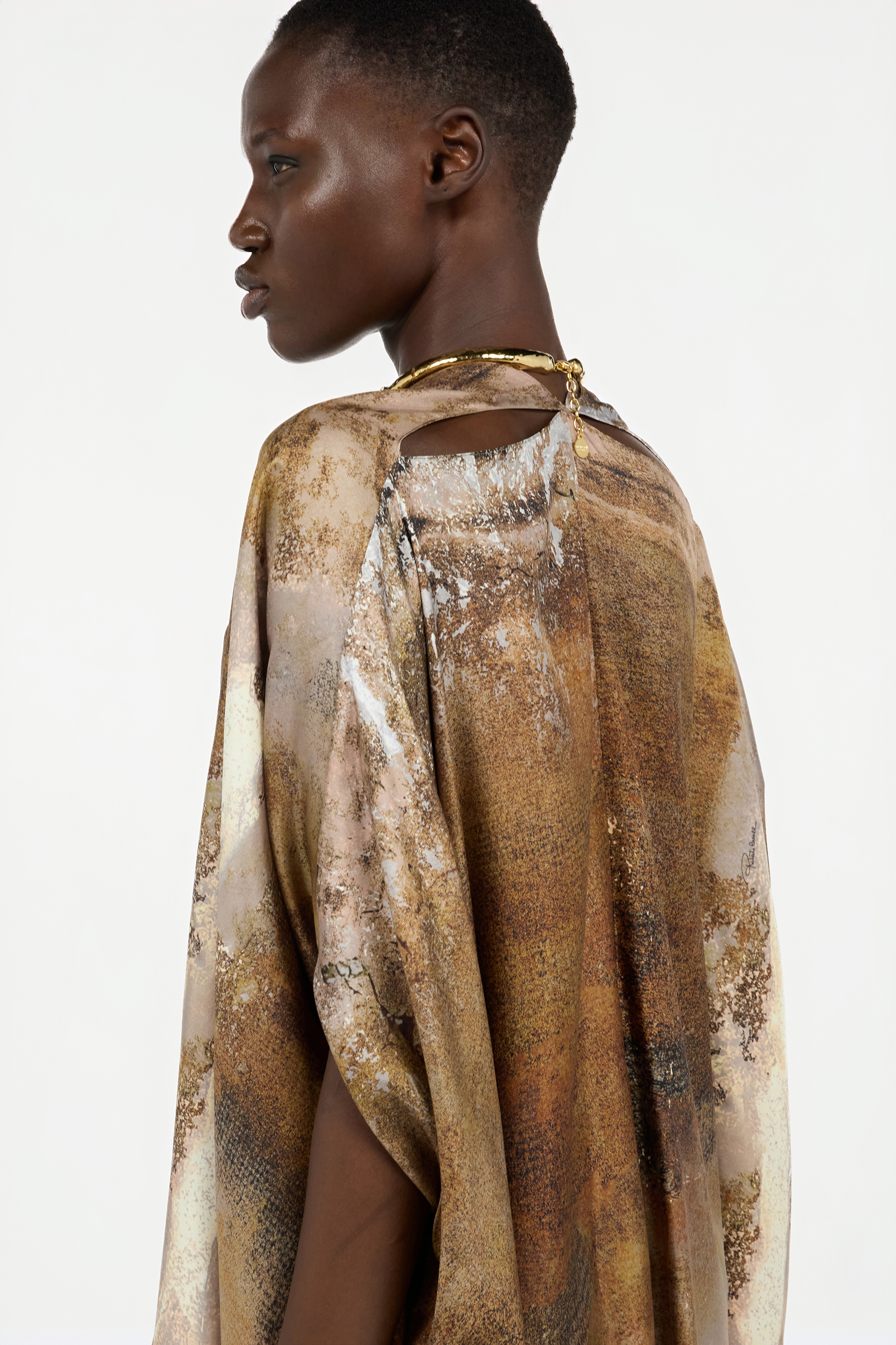 Beige Silk Caftan With Marble Print