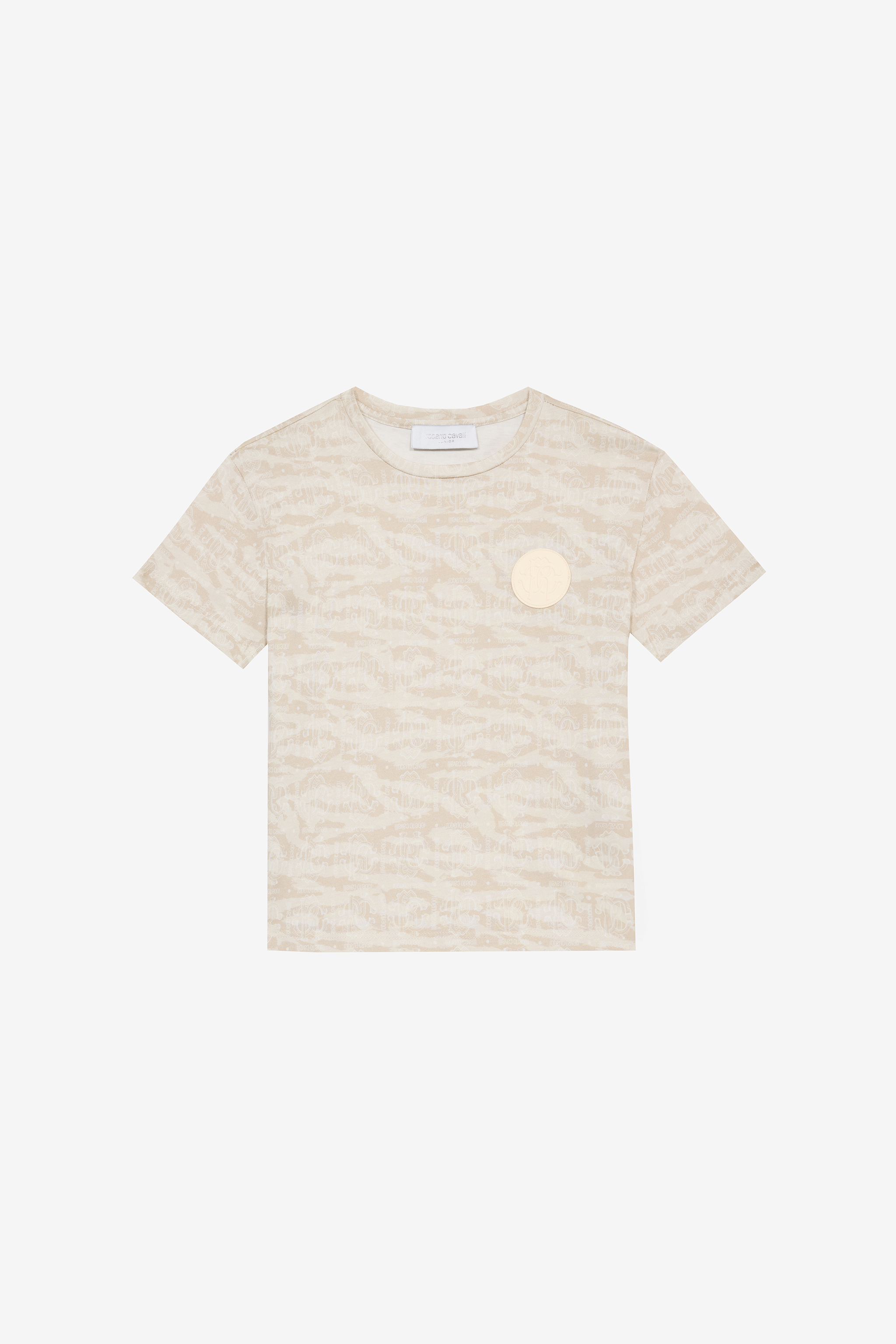 Roberto Cavalli Boys Ivory T-Shirt With Tiger Skin Print And Patch - S (4-16Y)