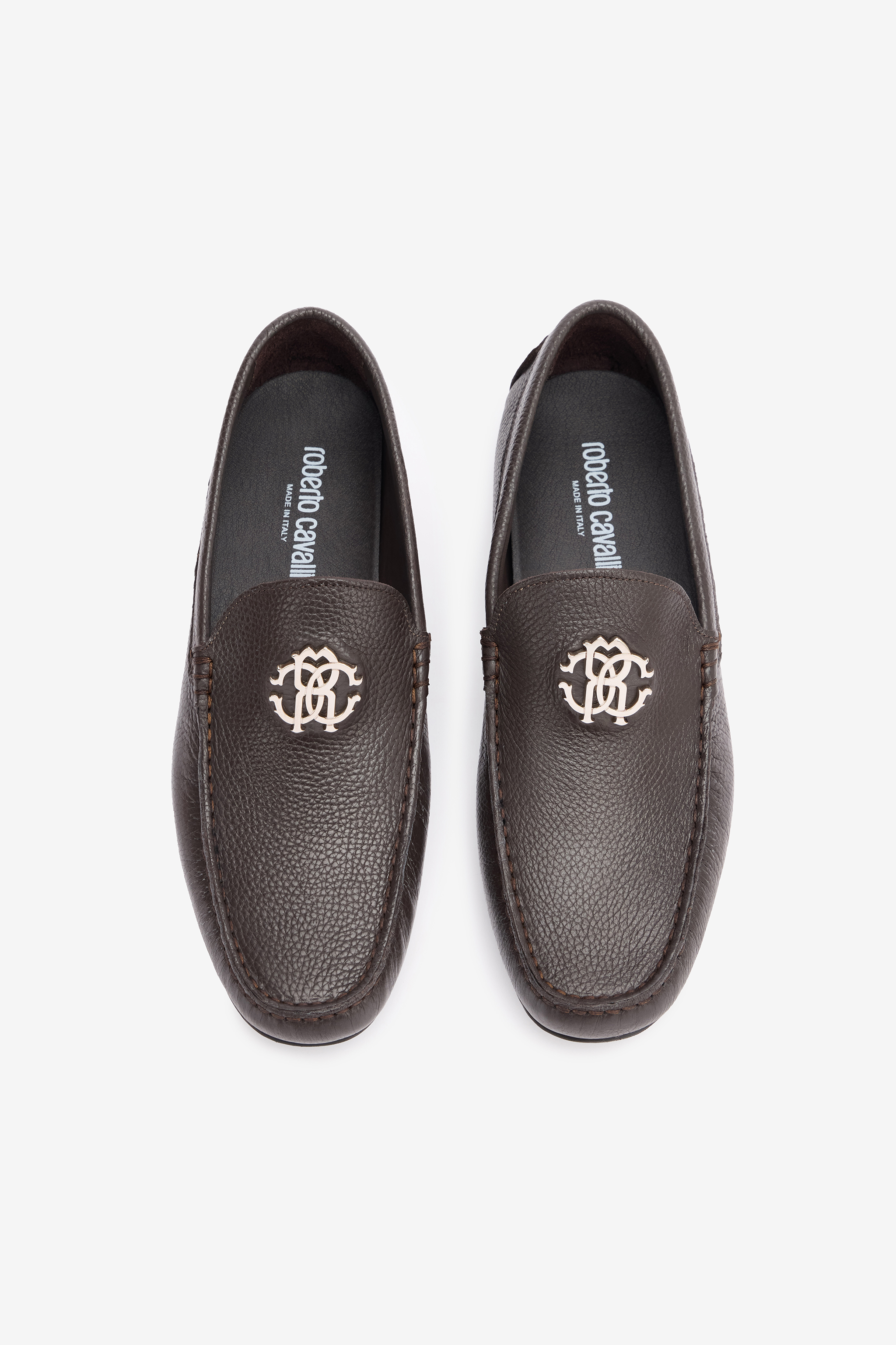 Roberto Cavalli Hammered Effect Loafers With Rc Monogram In Testa Di Moro