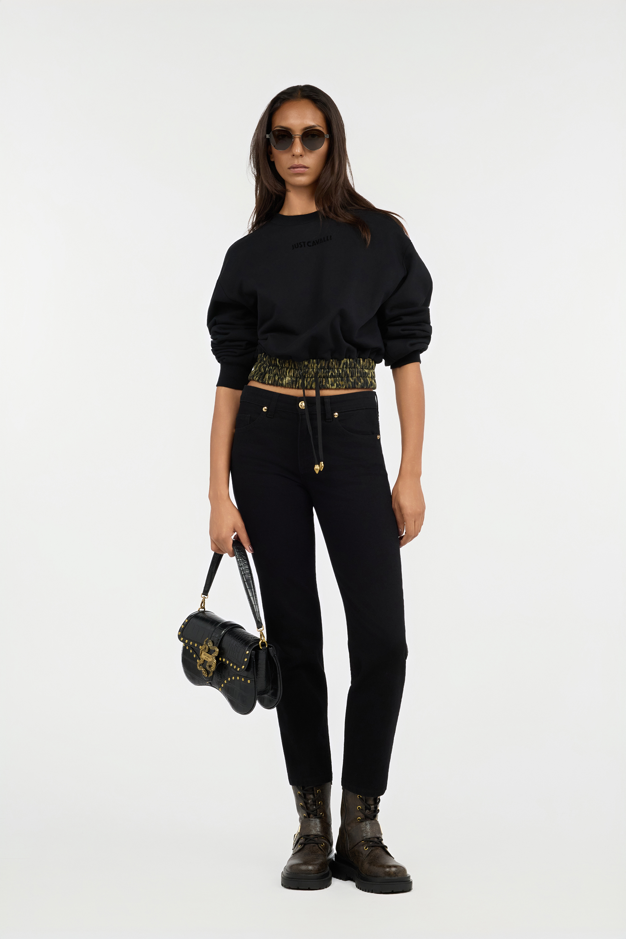 Black Cropped Sweatshirt With Animalier Print Band