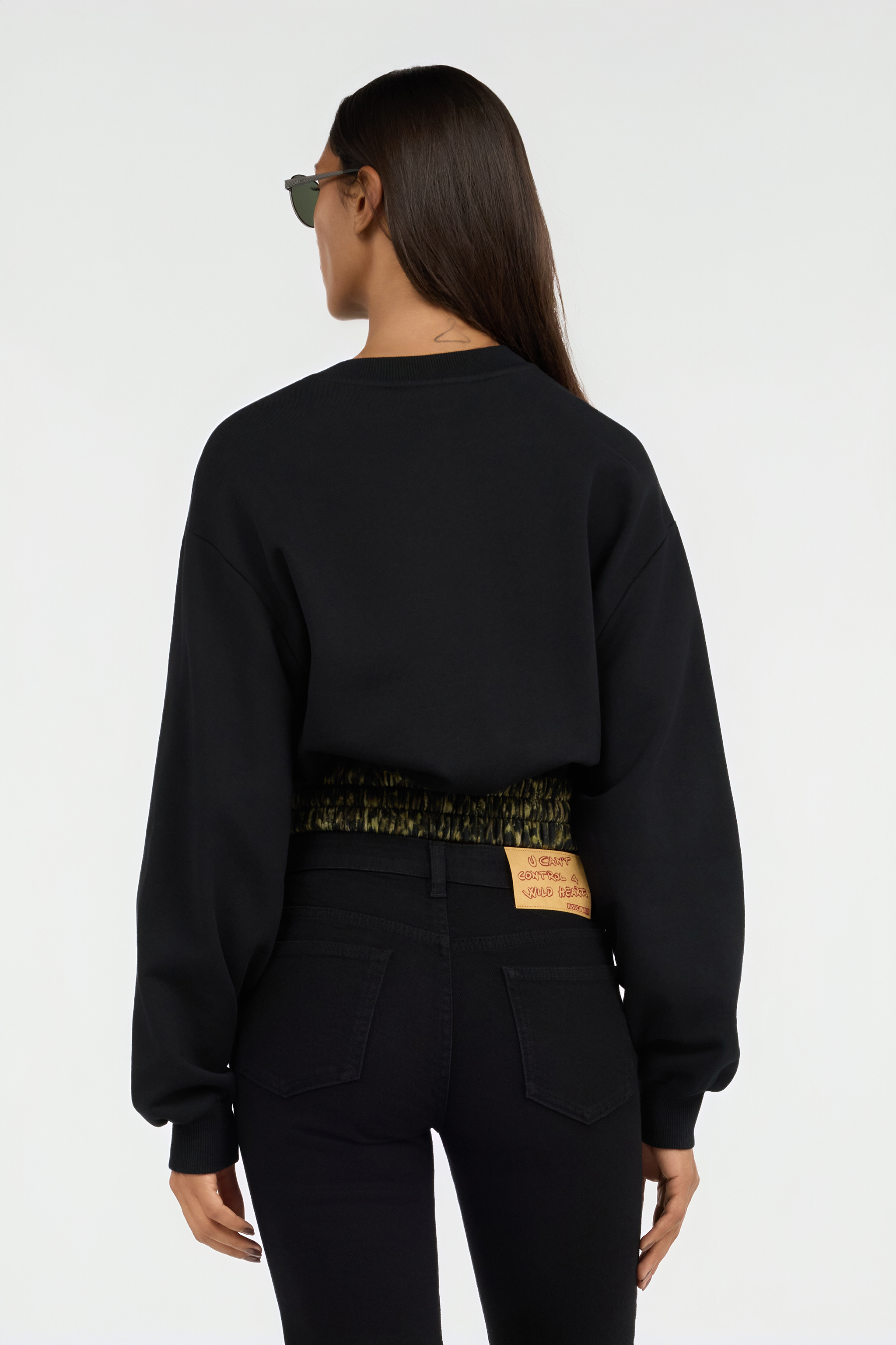 Black Cropped Sweatshirt With Animalier Print Band