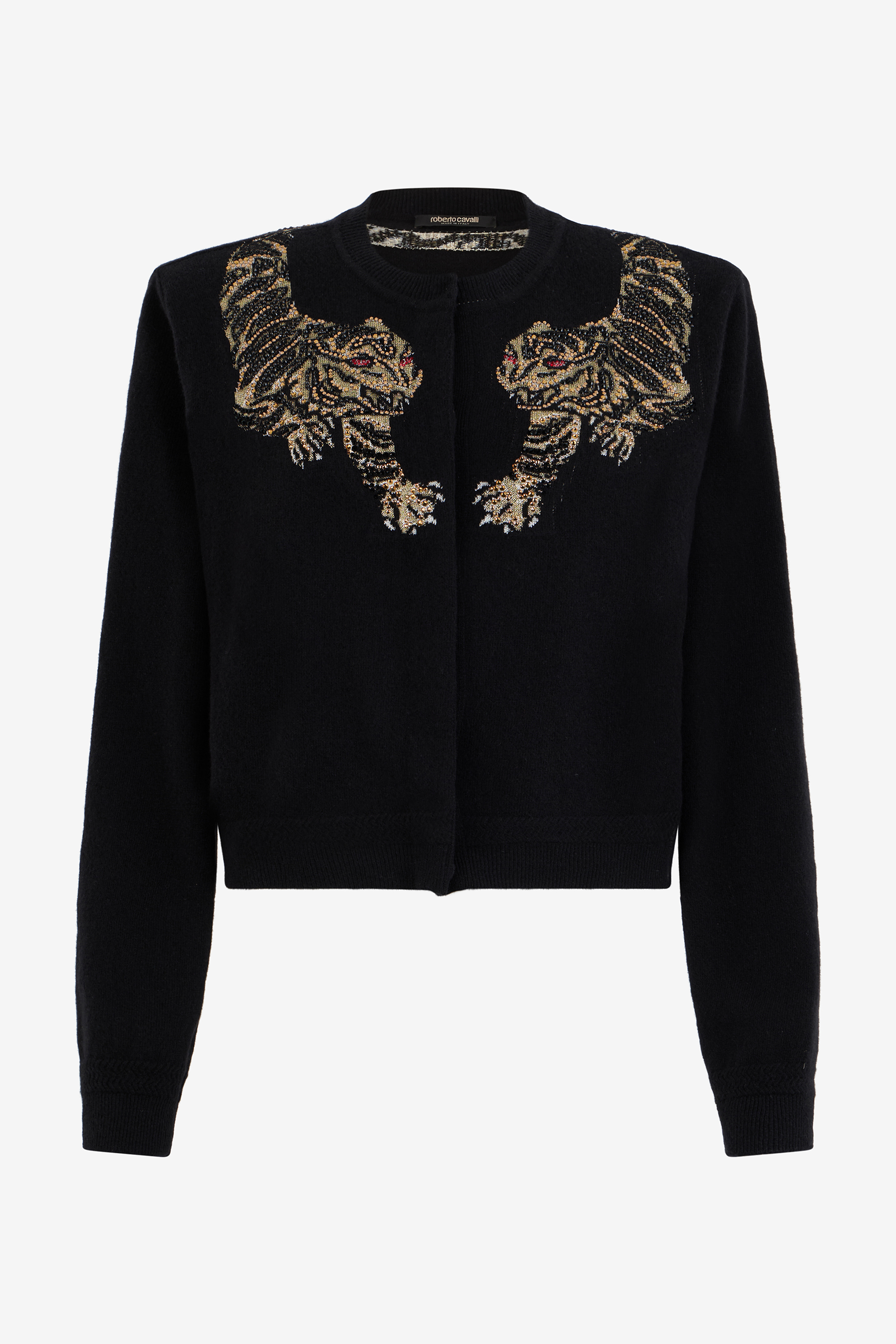 Roberto Cavalli Women's Black Wool Cardigan With Tiger Embroidery - Knitwear