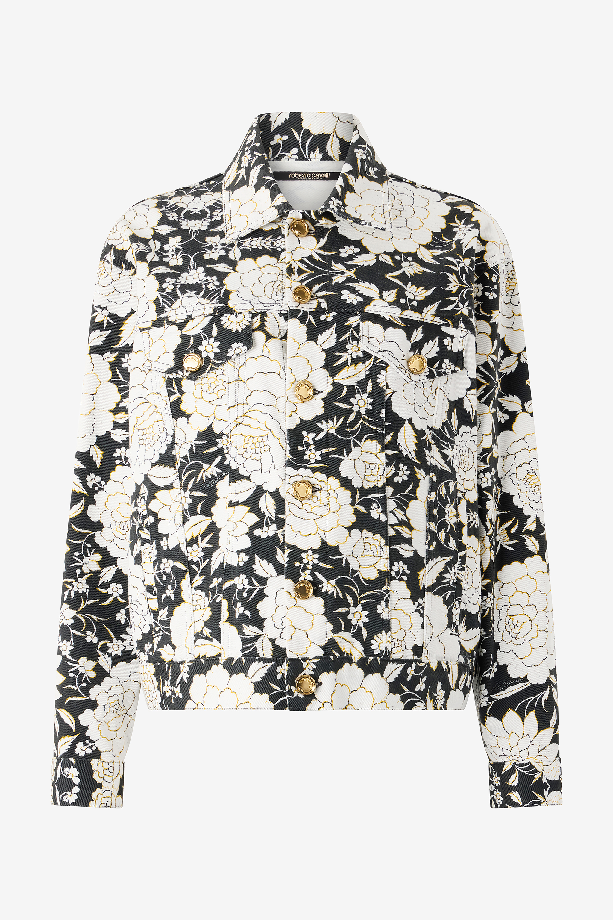 Roberto Cavalli Women's Black/White Denim Jacket With Flowers - Coats & Jackets