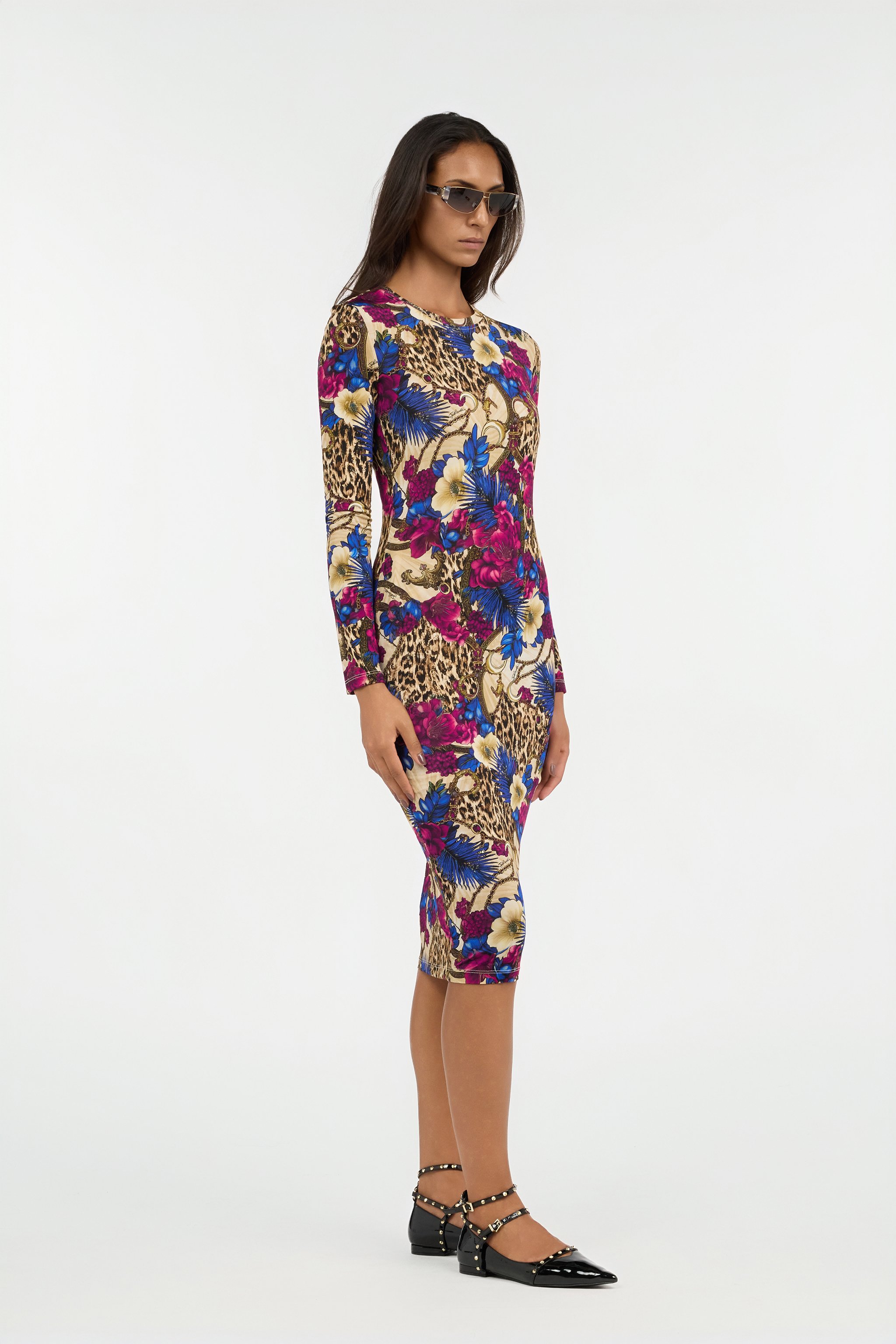 Roberto Cavalli Flower Leopard Print Midi Dress