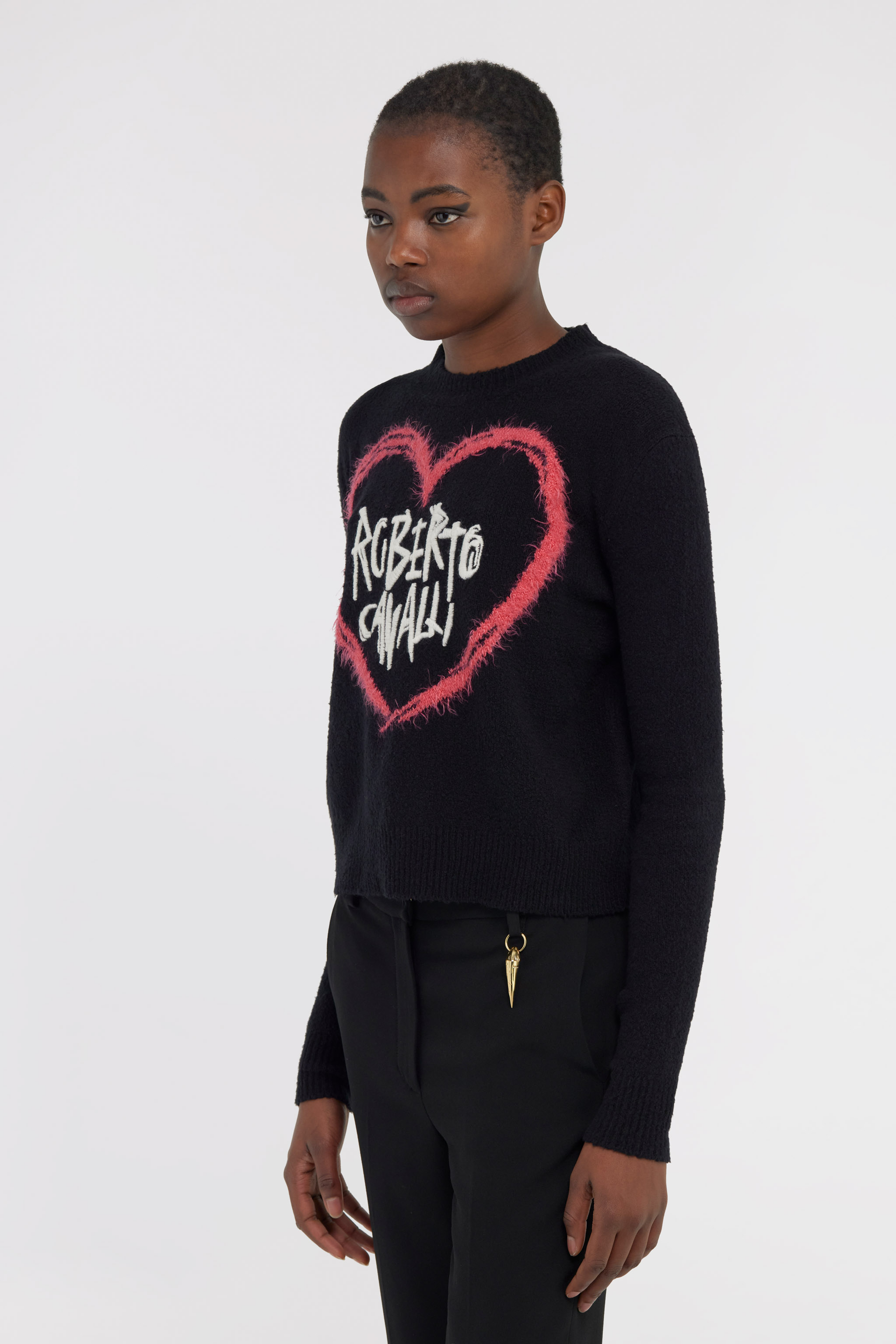 Roberto Cavalli Sweater With Heart And Logo In Black