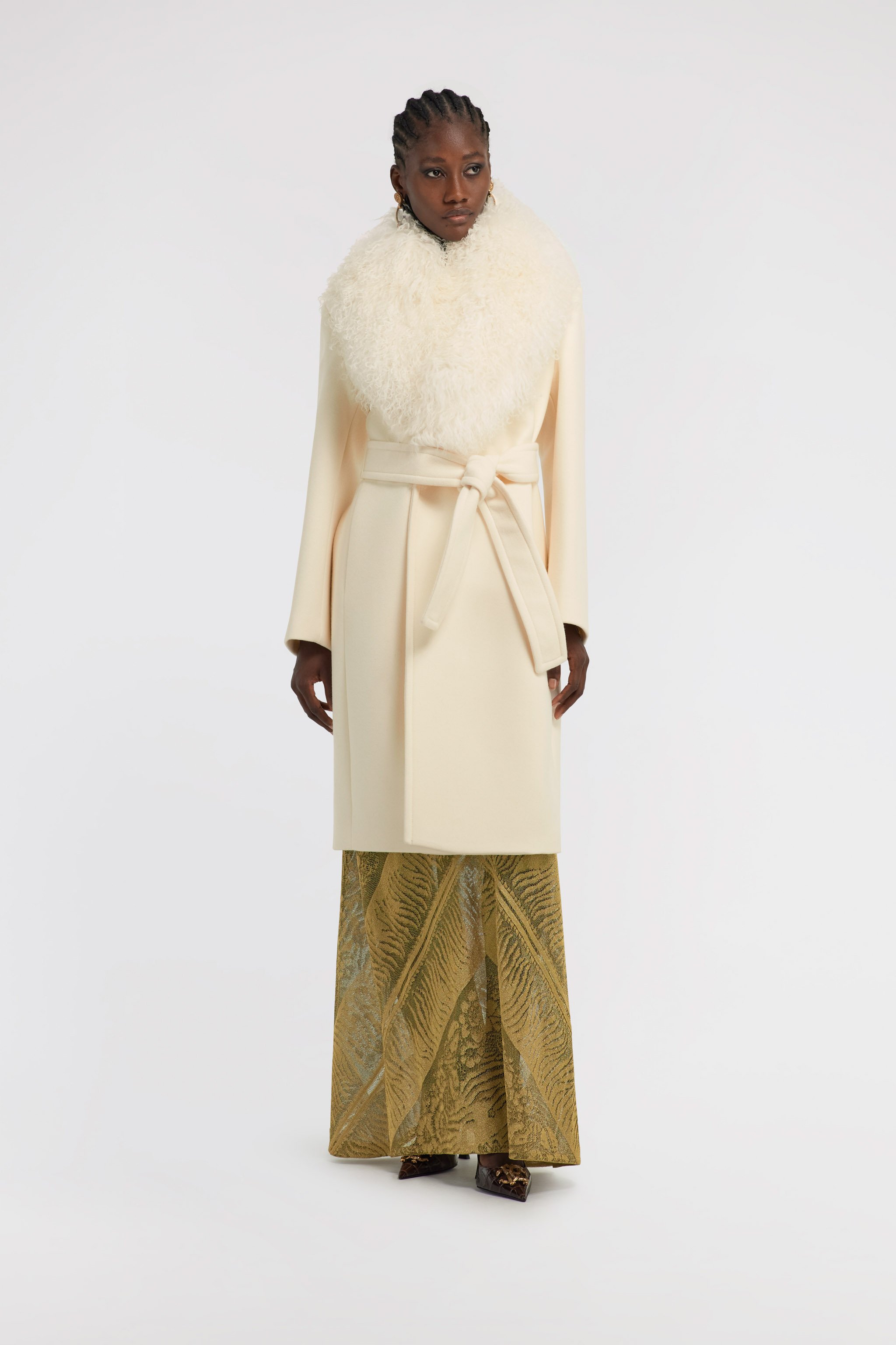 Roberto Cavalli Coat With Fur Collar In Ivory