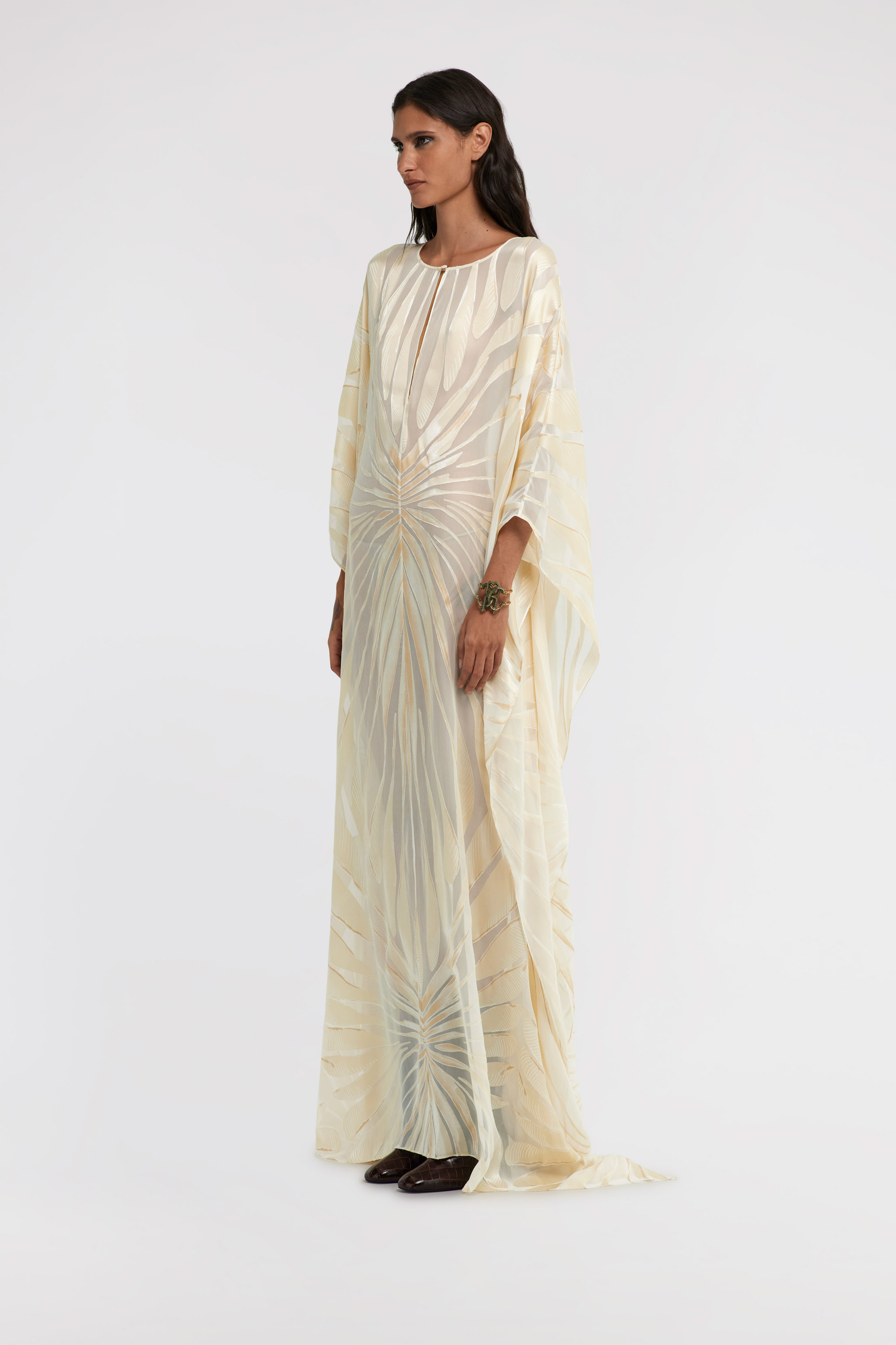 Roberto Cavalli Satin Caftan With Ray Of Gold Print In Ivory