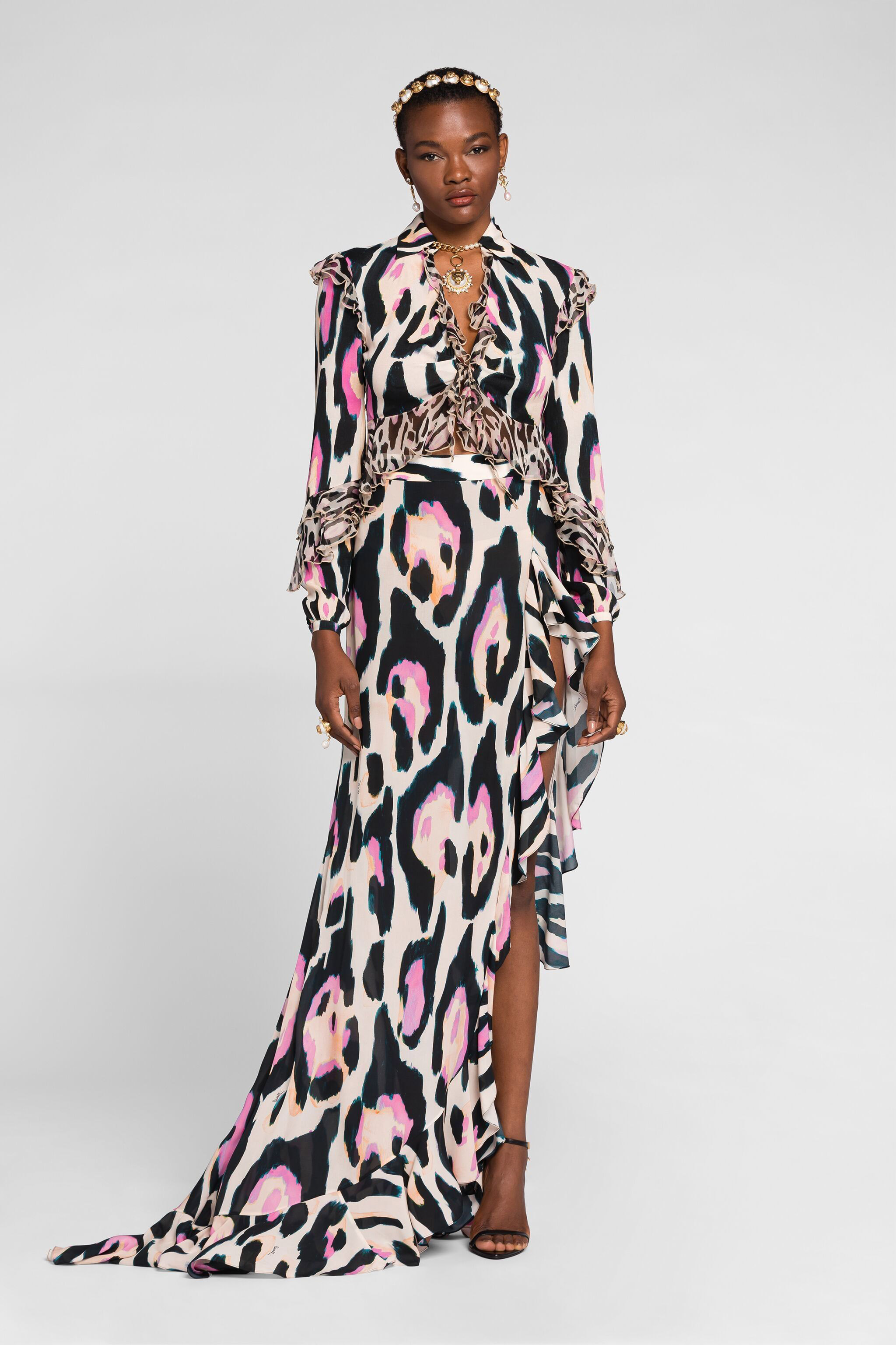 Roberto Cavalli Jaguar-print Ruffle-trimmed Cropped Top In Rosa