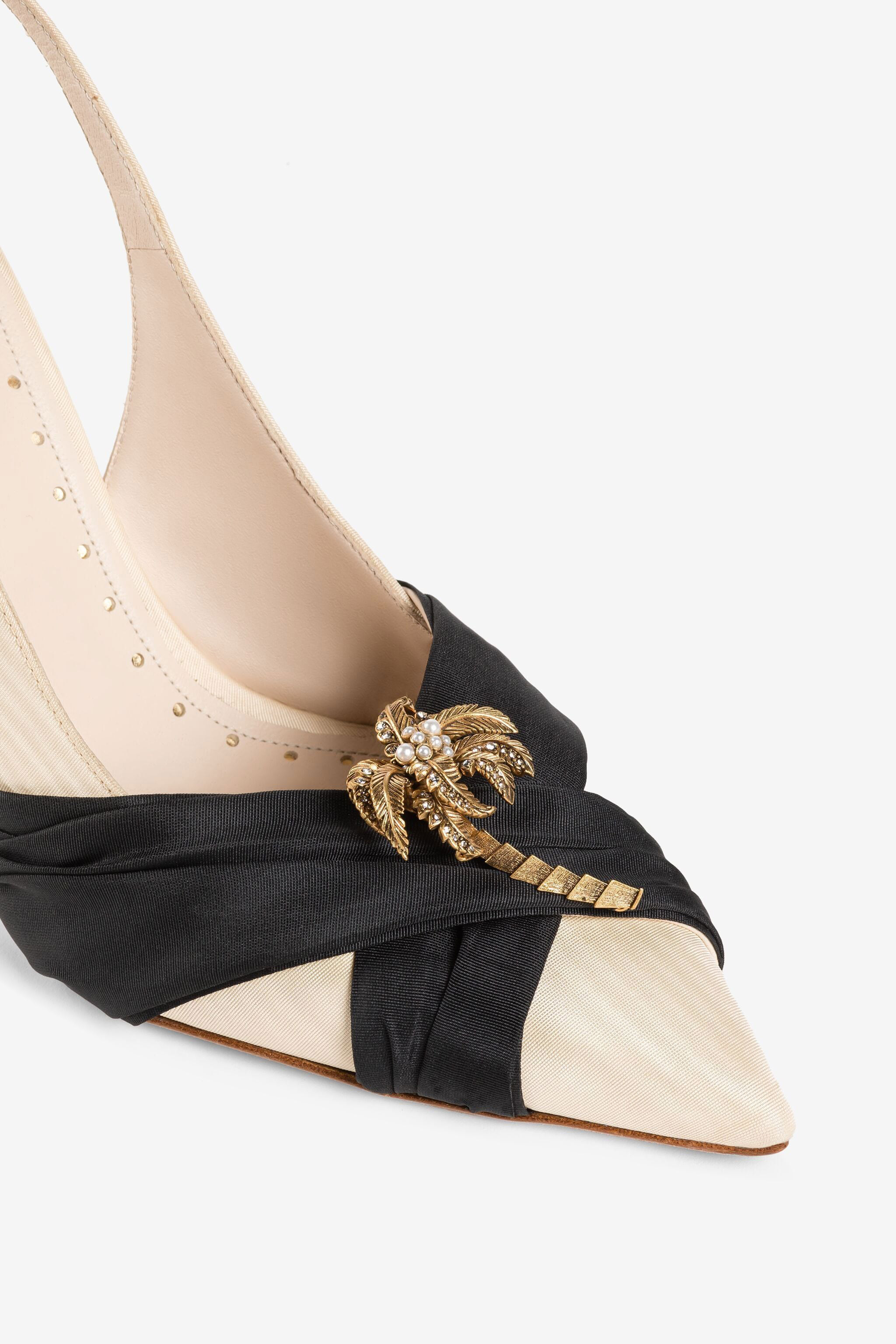 Roberto Cavalli Palm-tree Tiger-tooth Slingback Pumps In Ivory/black