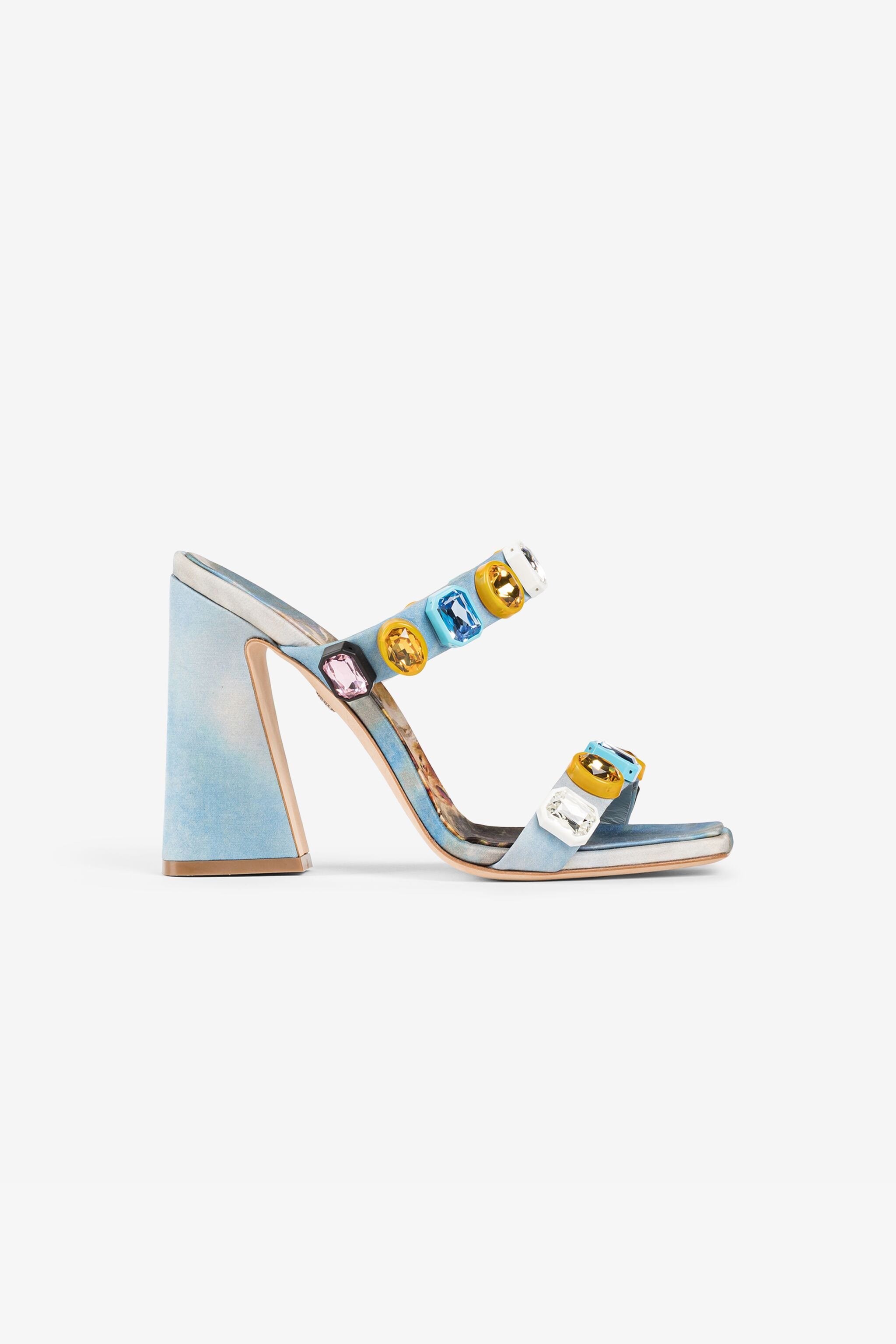 Roberto Cavalli Crystal-embellished Graphic-print Sandals In Light Blue
