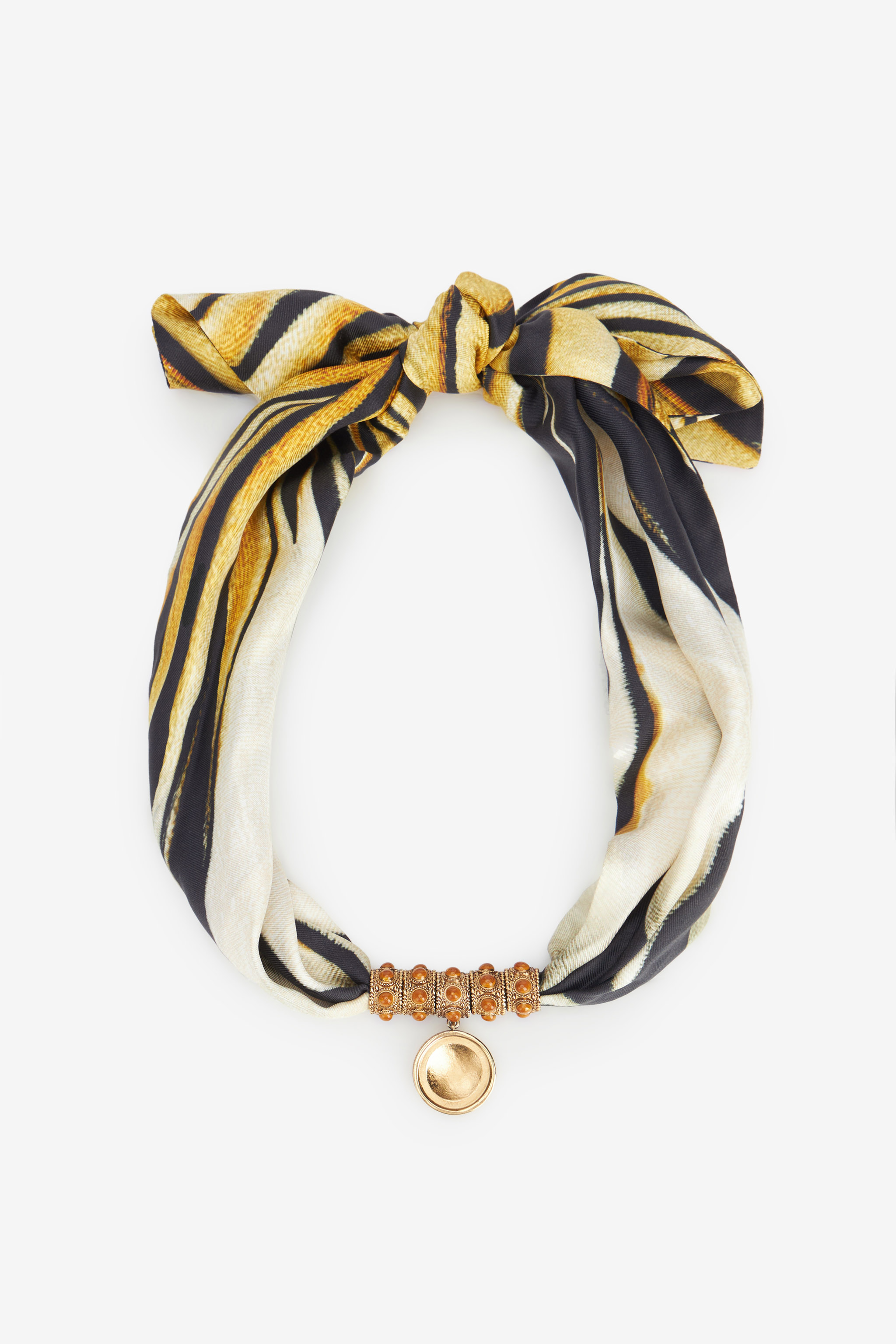 Roberto Cavalli Logo-embossed Printed Silk Necklace In Gold