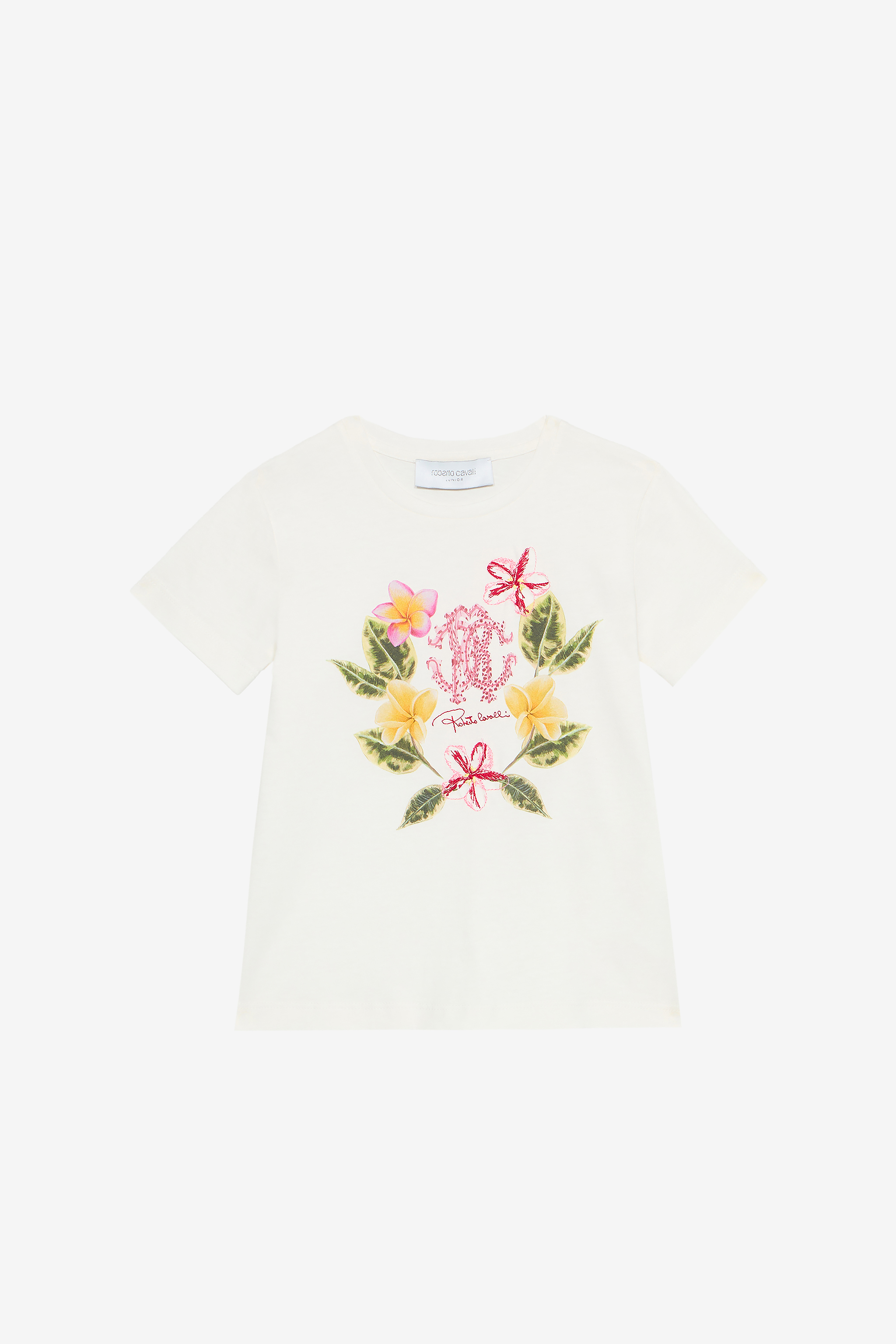 T-Shirt With Floral Print in MILKY WHITE for Women | Roberto Cavalli®