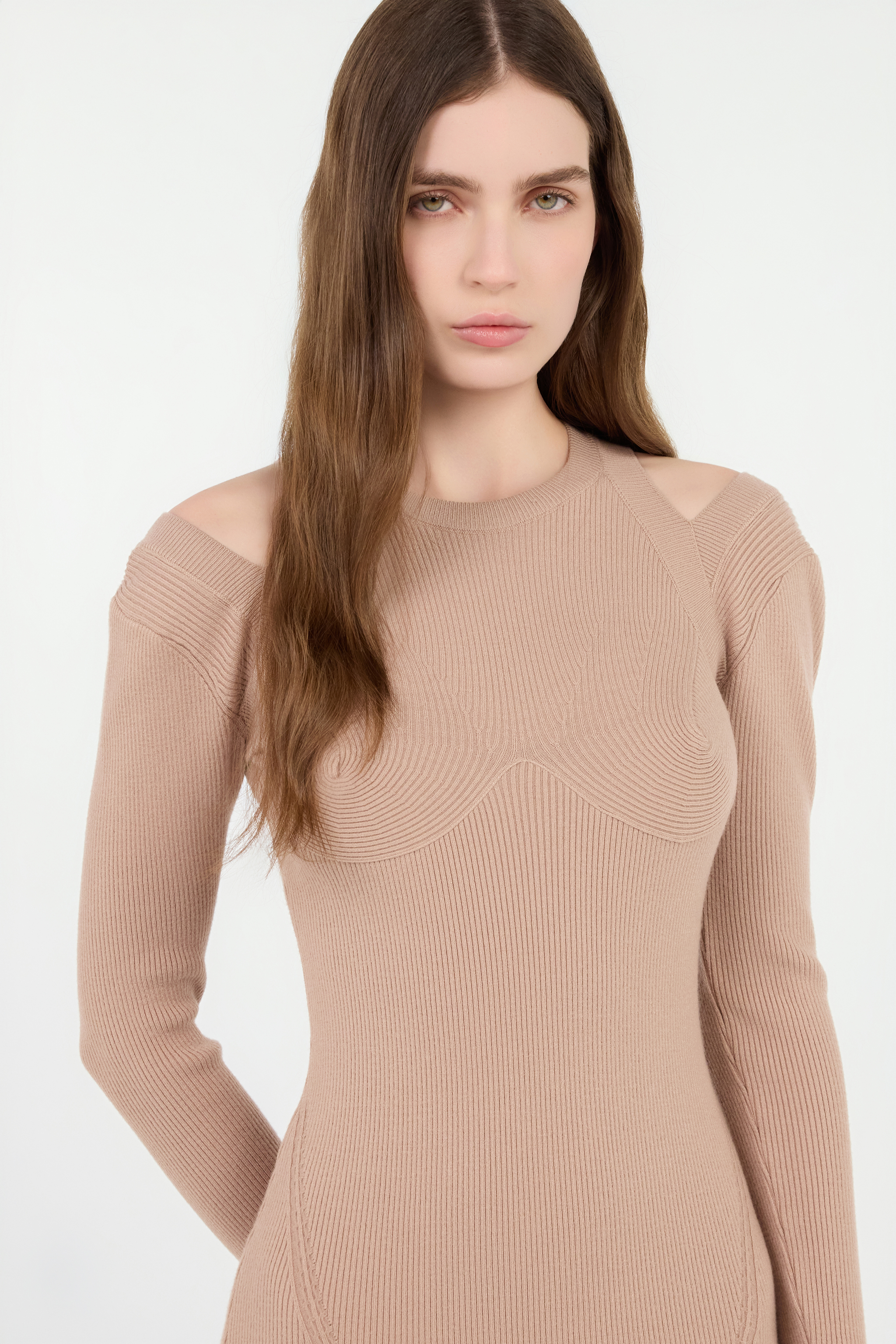 Roberto Cavalli Beige Cut-out Ribbed Midi Dress In Neutral