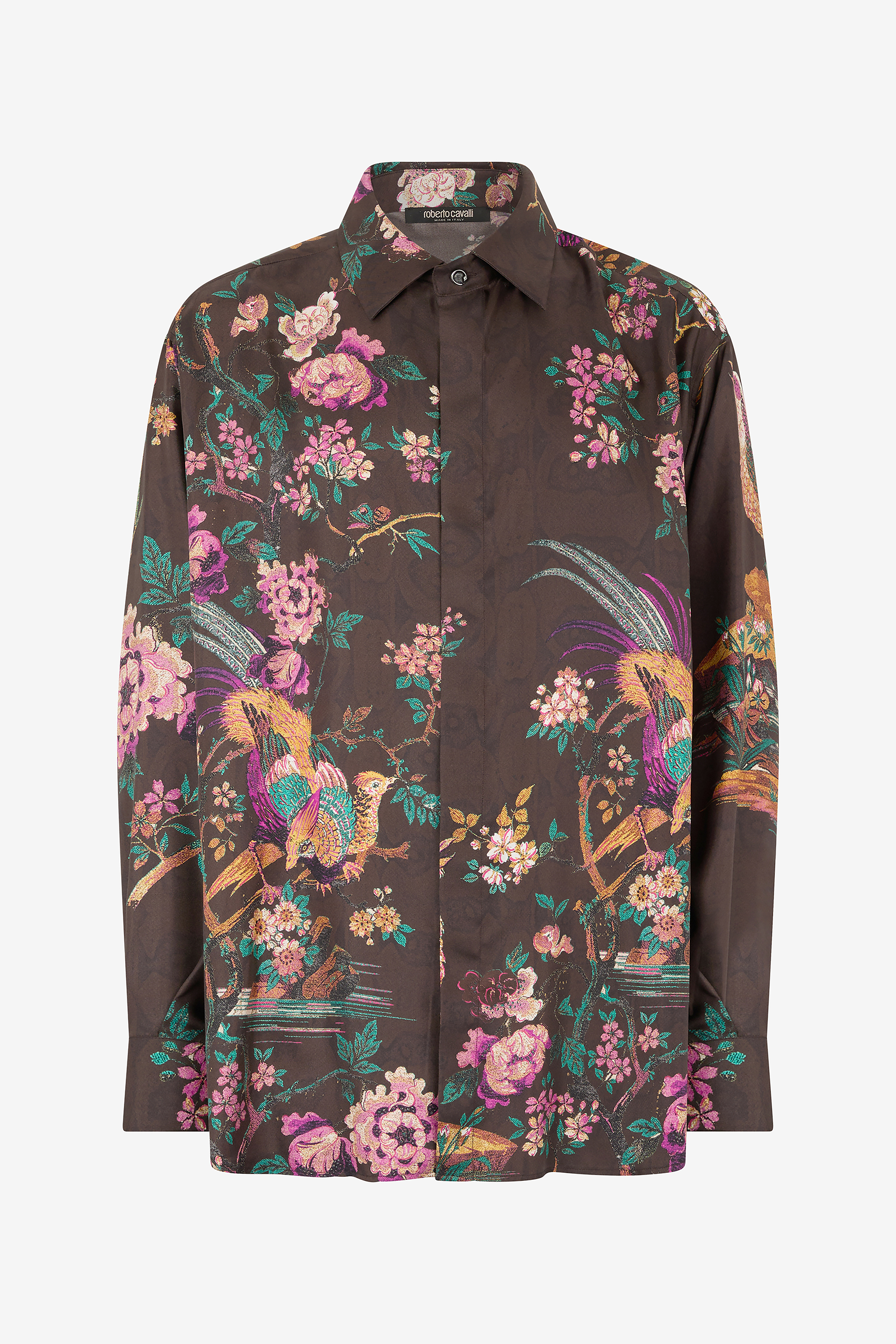 Roberto Cavalli Men's Brown Silk Shirt With Oriental Bird Print - Promo Sale Fw2025