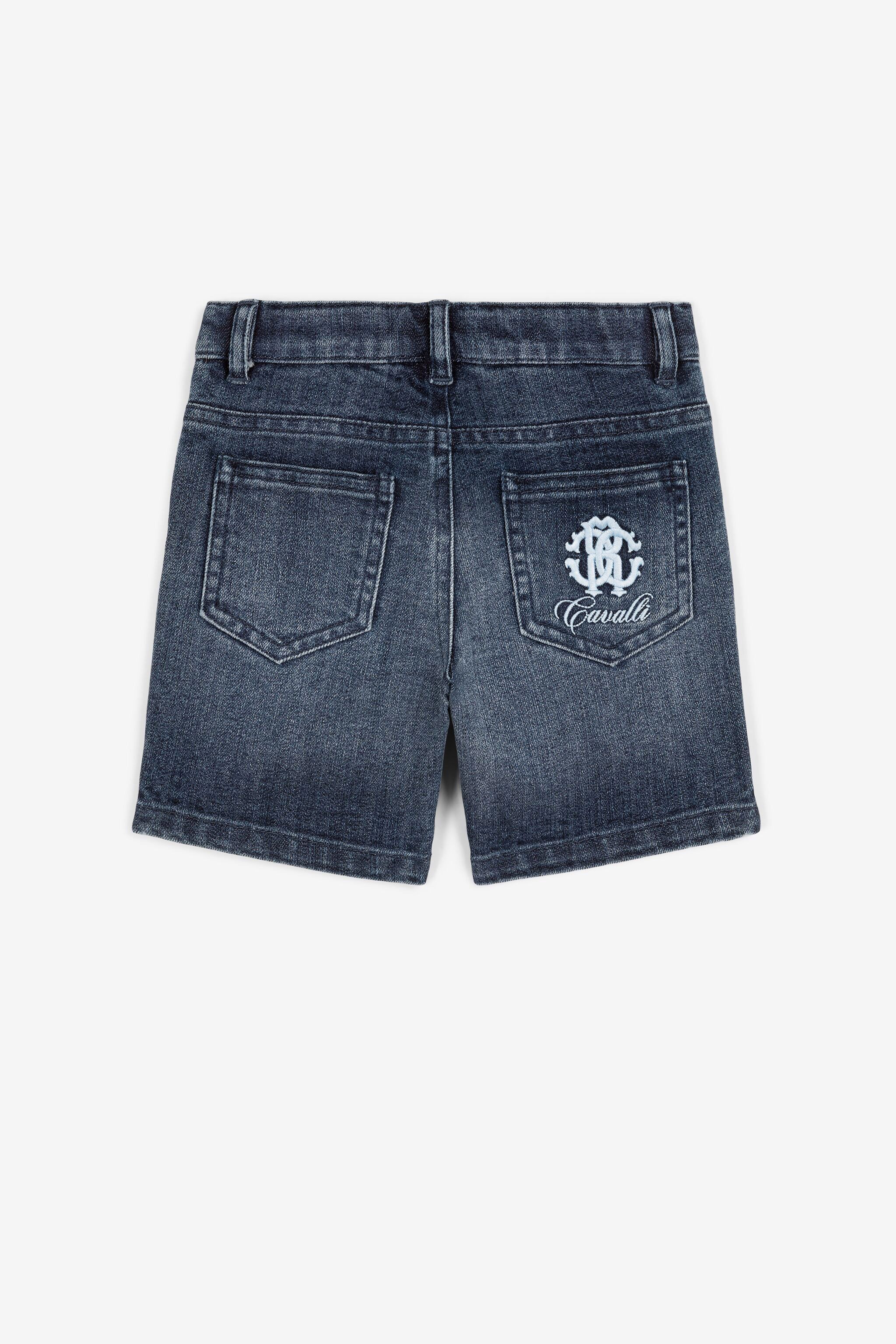 Roberto Cavalli Monogram-embroidered Denim Shorts In Dark Blue