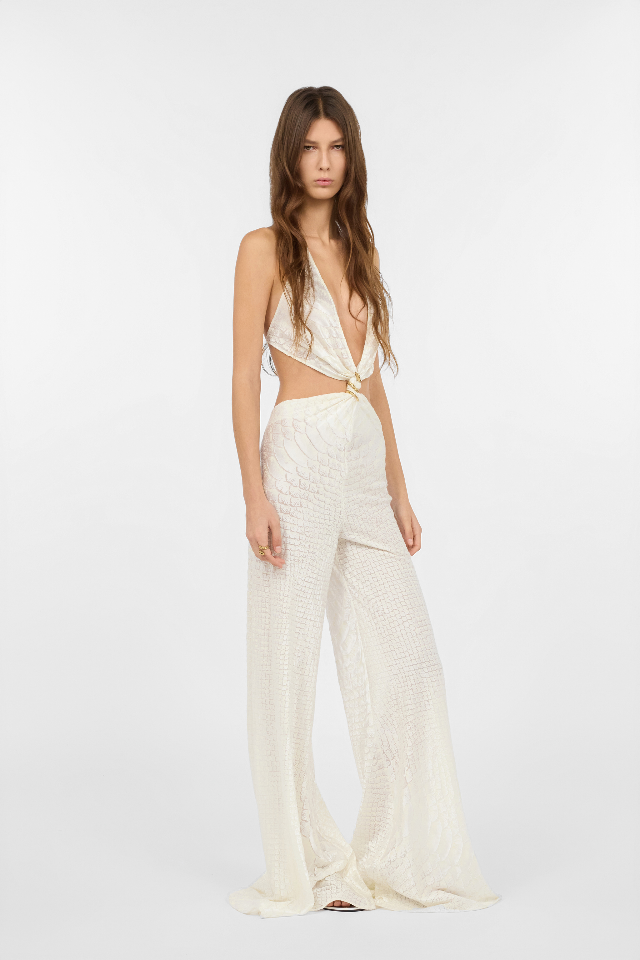  Roberto Cavalli White Jumpsuit With Serpentine Print And Cut-out Detailing - Female Jumpsuits White 46 
