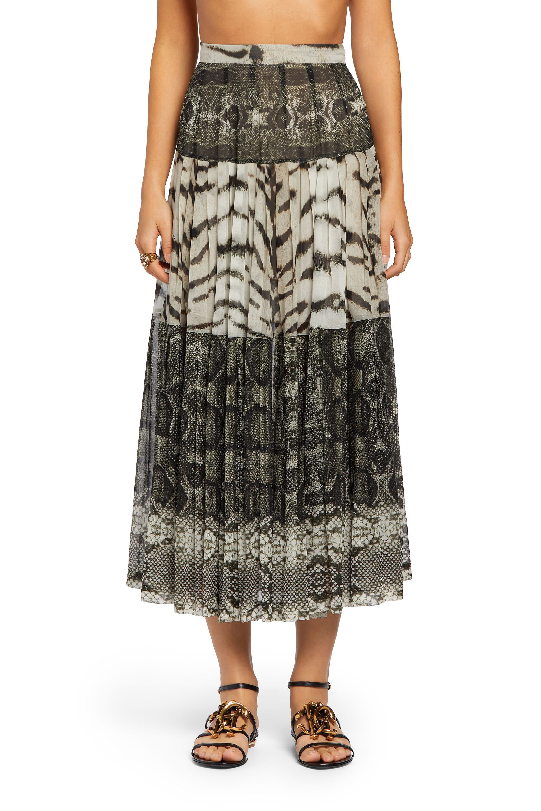 Roberto Cavalli La Tigresse Reptilla Pleated Skirt In White/black/natural