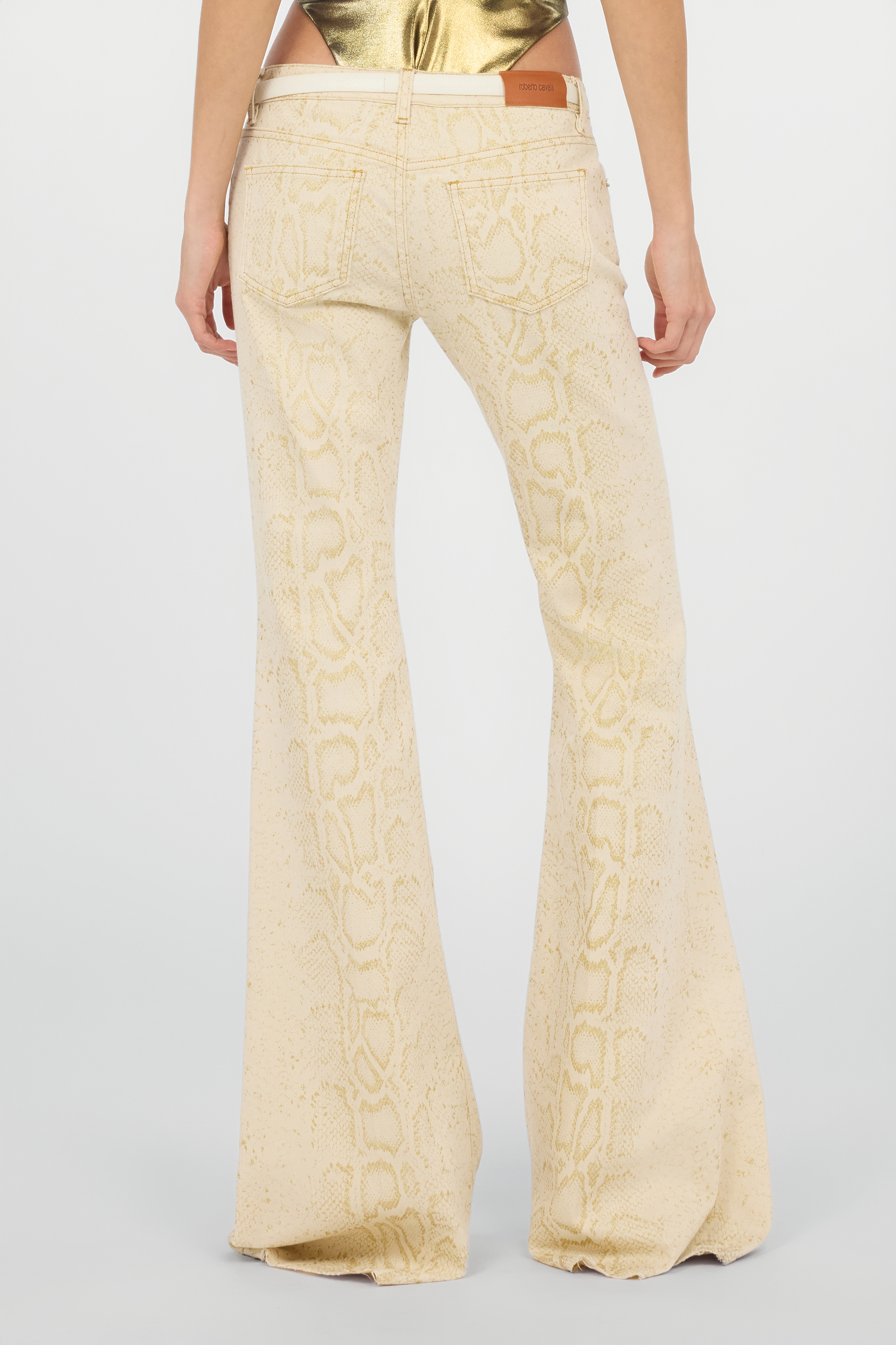 Roberto Cavalli White Flared Jeans With Gold Python Motif In Neutral